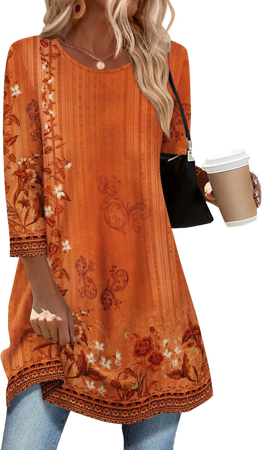 Zeagoo Women Tops 3/4 Sleeve Dressy Casual Plus Size Tunics to Wear with Leggings Swing Flare T-Shirt Loose Blouses S-3XL
