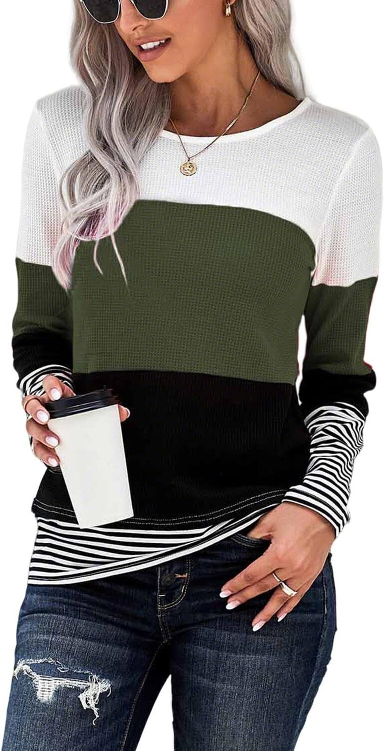 NEYOUQE Womens Color Block Waffle Loose Long Sleeve T Shirts Casual Comfy Tops Tee Shirt Women's Tunics