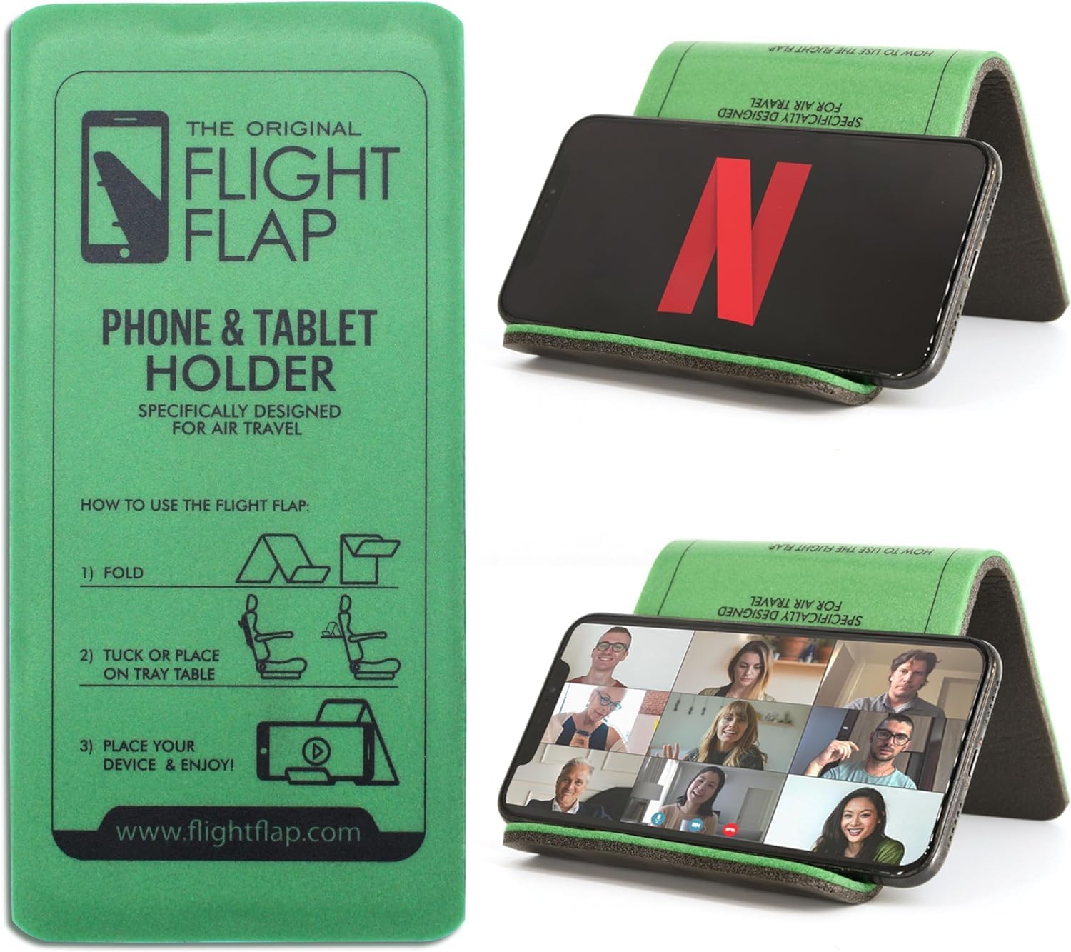 Flight Flap - Foldable Airplane Phone Holder, Travel Phone Stand, Green | Use this flexible phone stand on a desk, bed, treadmill, office, kitchen counter, car headrest, or airplane seat back