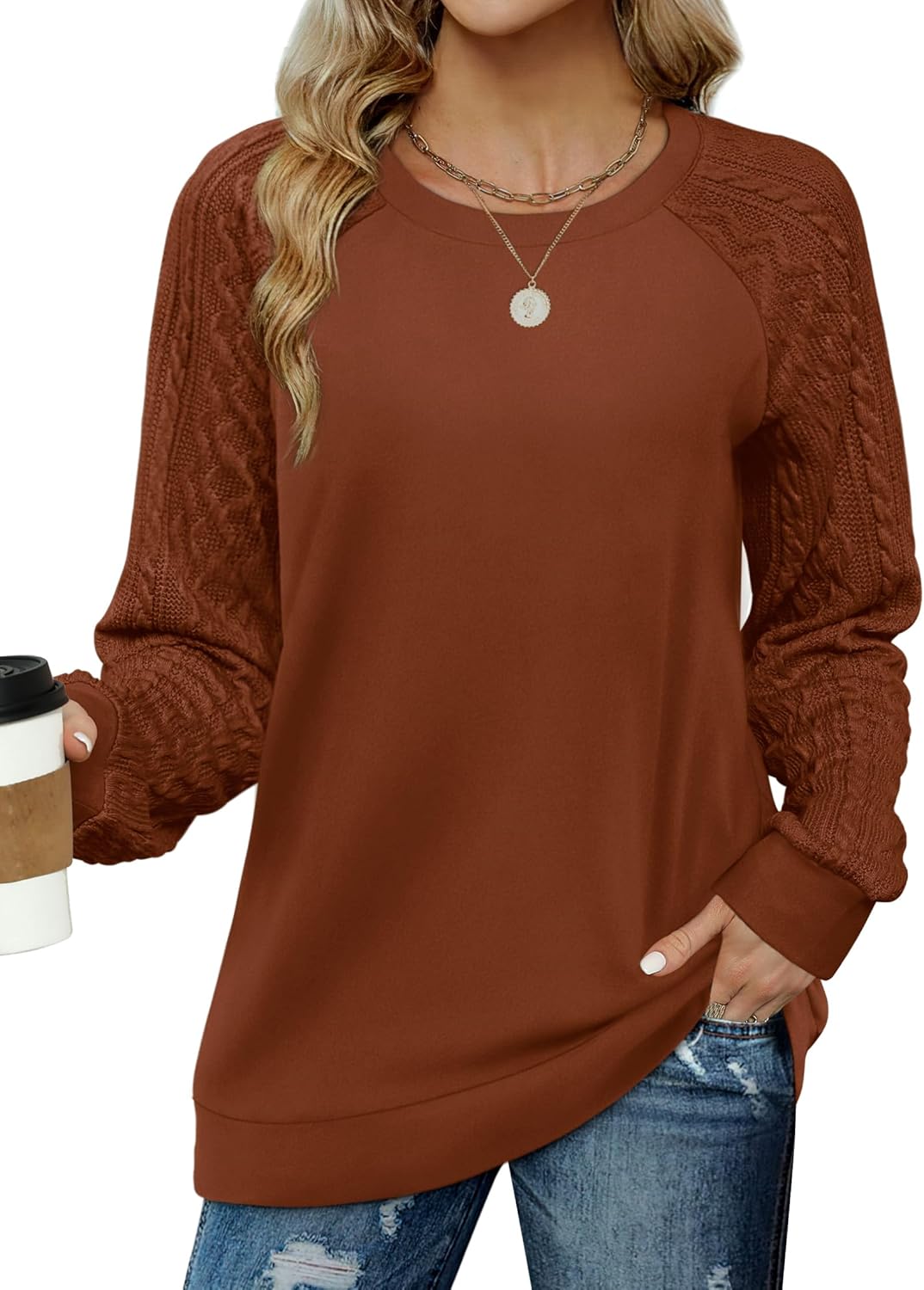 Saloogoe Sweatshirts for Women Crewneck Cable Knit Sleeve Sweaters Lightweight Fashion 2025