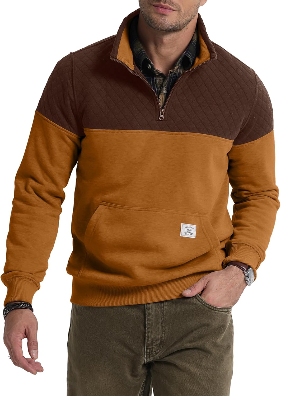 JMIERR Men's Quarter Zip Pullover Quilted Sweatshirt | 1/4 Zip Up, Long Sleeve Pullover, Quilted,Stand Collar, Retro Wash Casual Top, Fall Winter Outfit