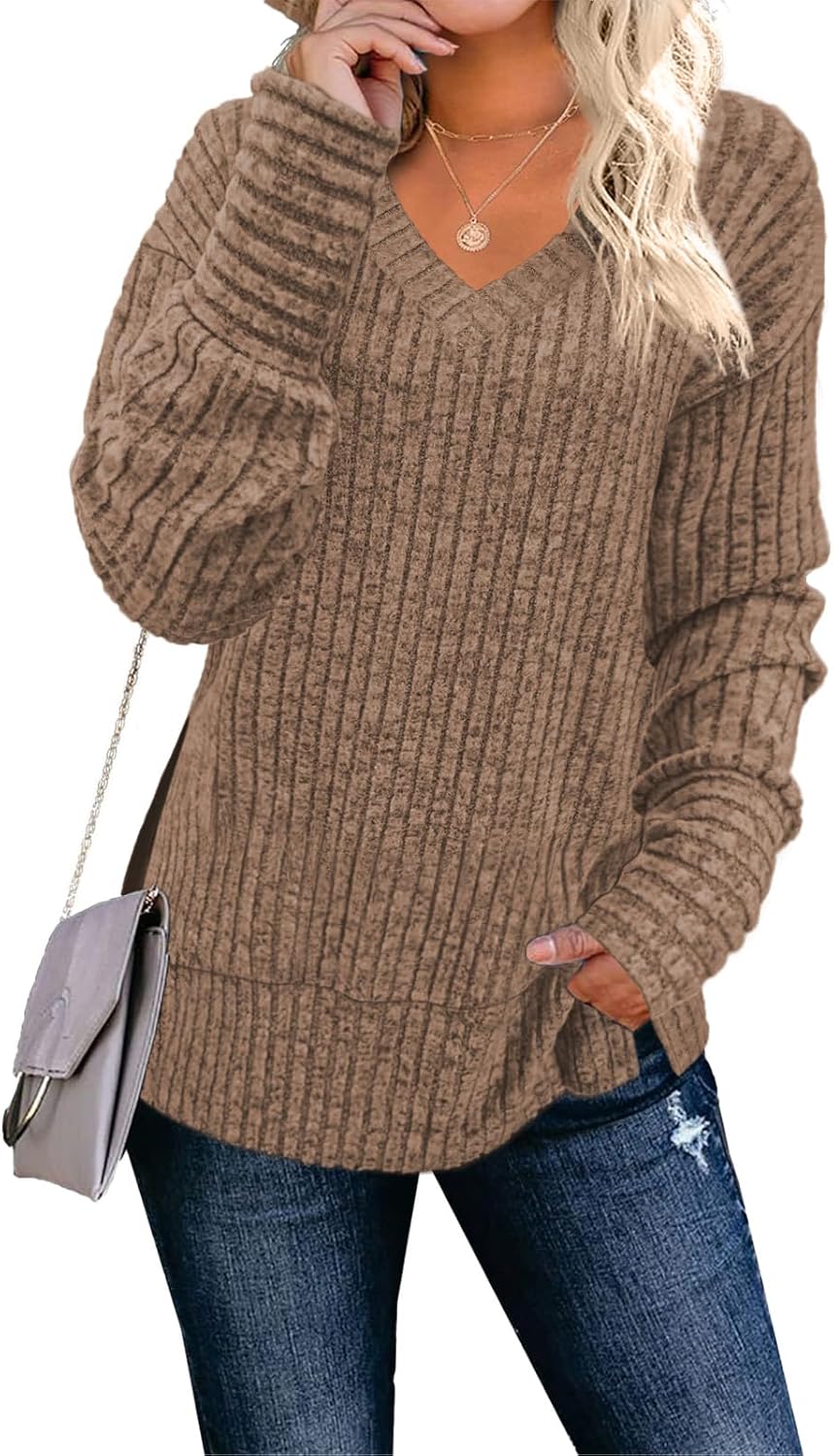 JomeDesign Womens Sweaters Long Sleeve V Neck Shirts Loose Casual Fashion Tops