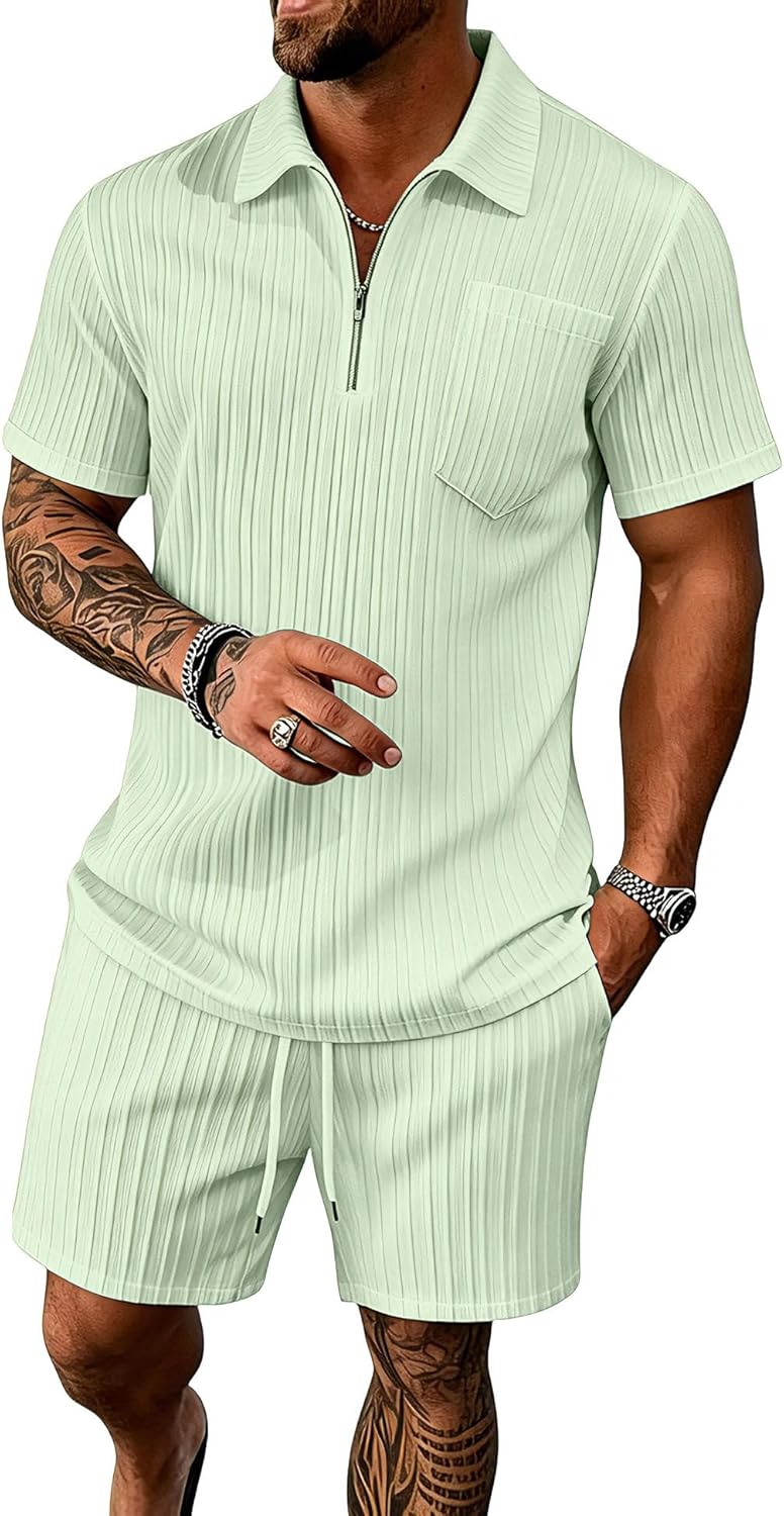 Men's Summer Beach Outfits 2 Piece Vintage Short Sleeve Henley Shirts and Shorts Vacation Texture Sets