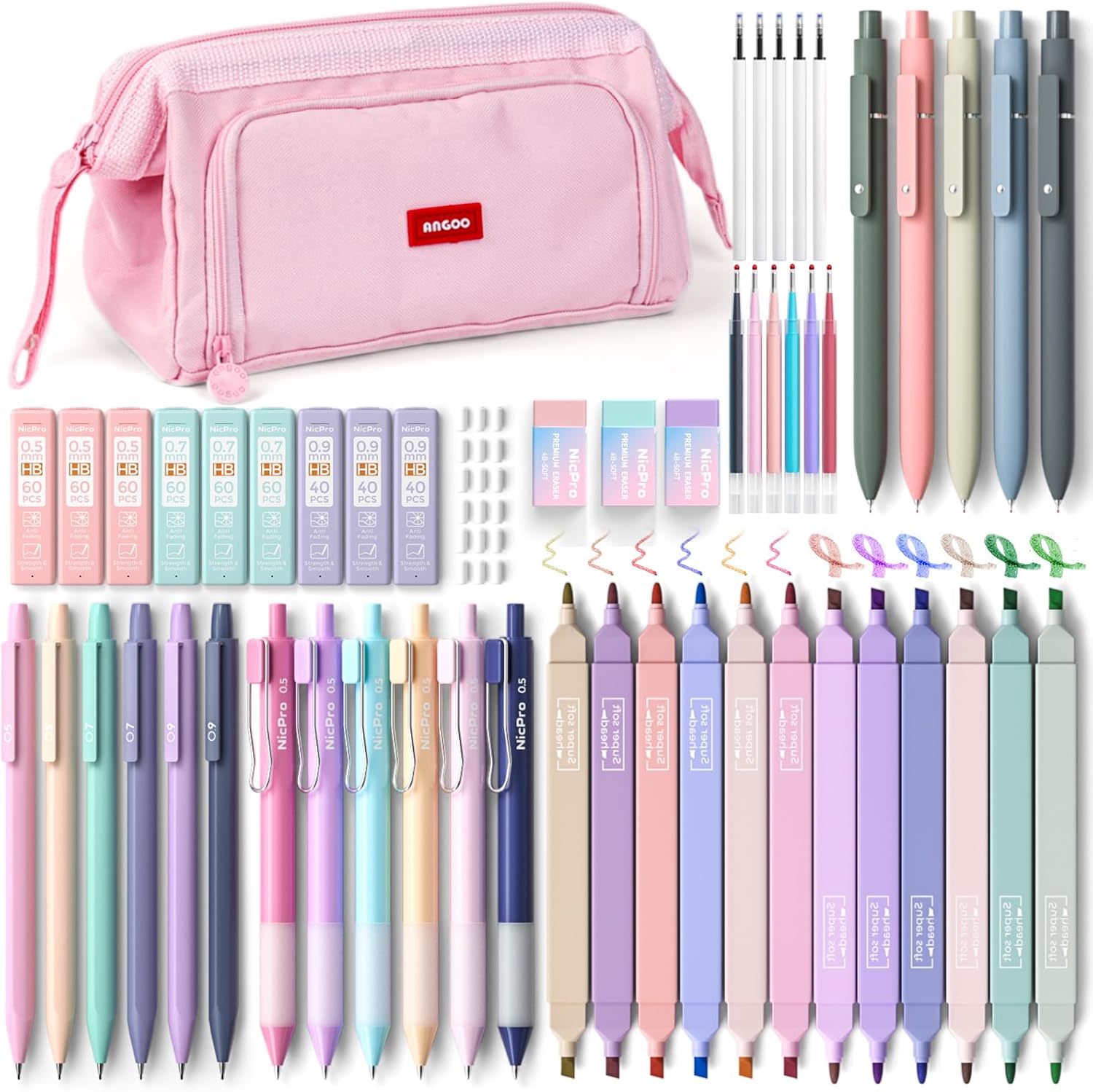 Nicpro Aesthetic School Supplies, 55PCS Pastel Highlighters & Gel Pens Set | All In One, Highlighters, Gel Pens with Refills, Mechanical Pencils, Organized Case, Back to School Essentials for Girls