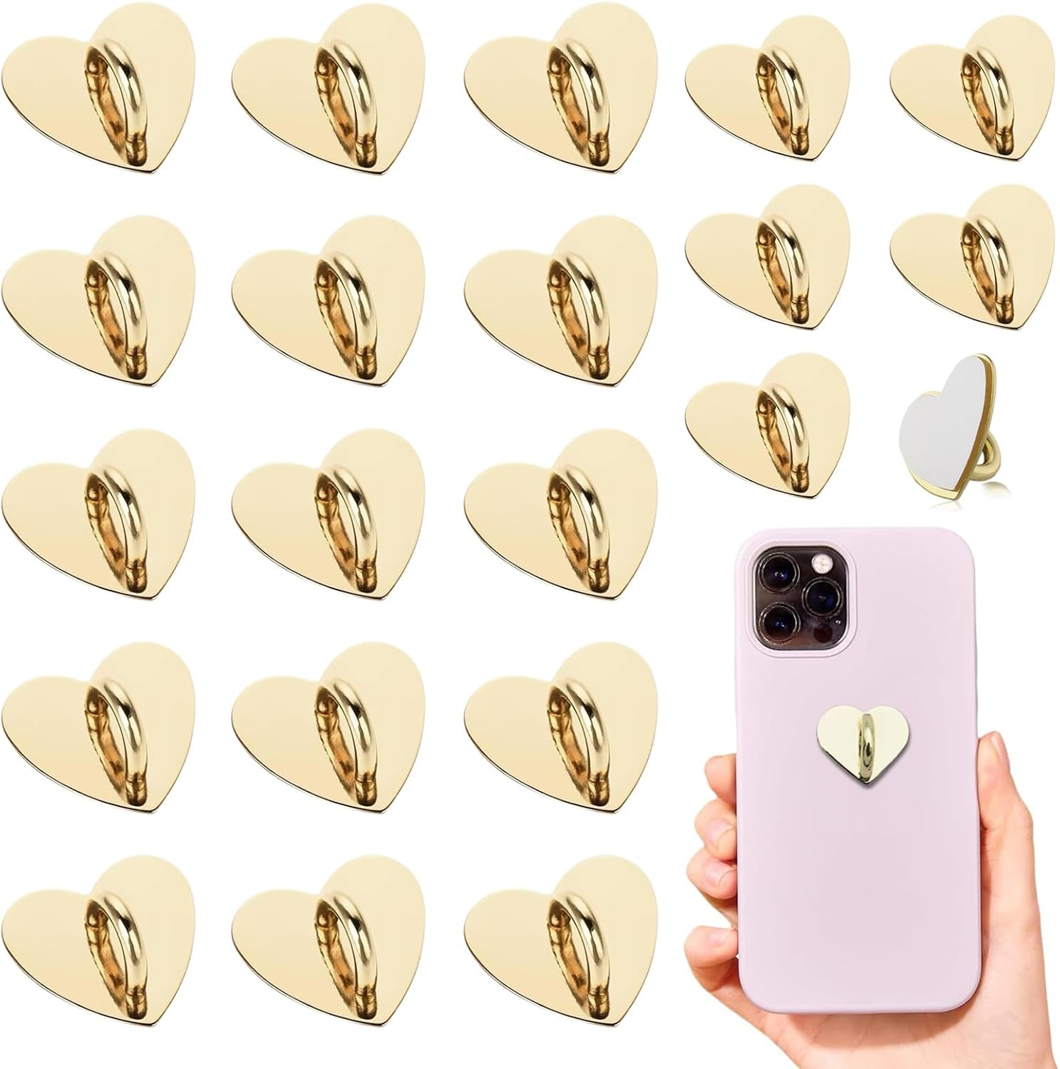 20pcs Phone Charm Hook, Cell Phone Finger Ring, Heart Phone Holder, Adhesive Metal Phone Finger Grip Loop Stand for Mobile Phone Case DIY Accessories
