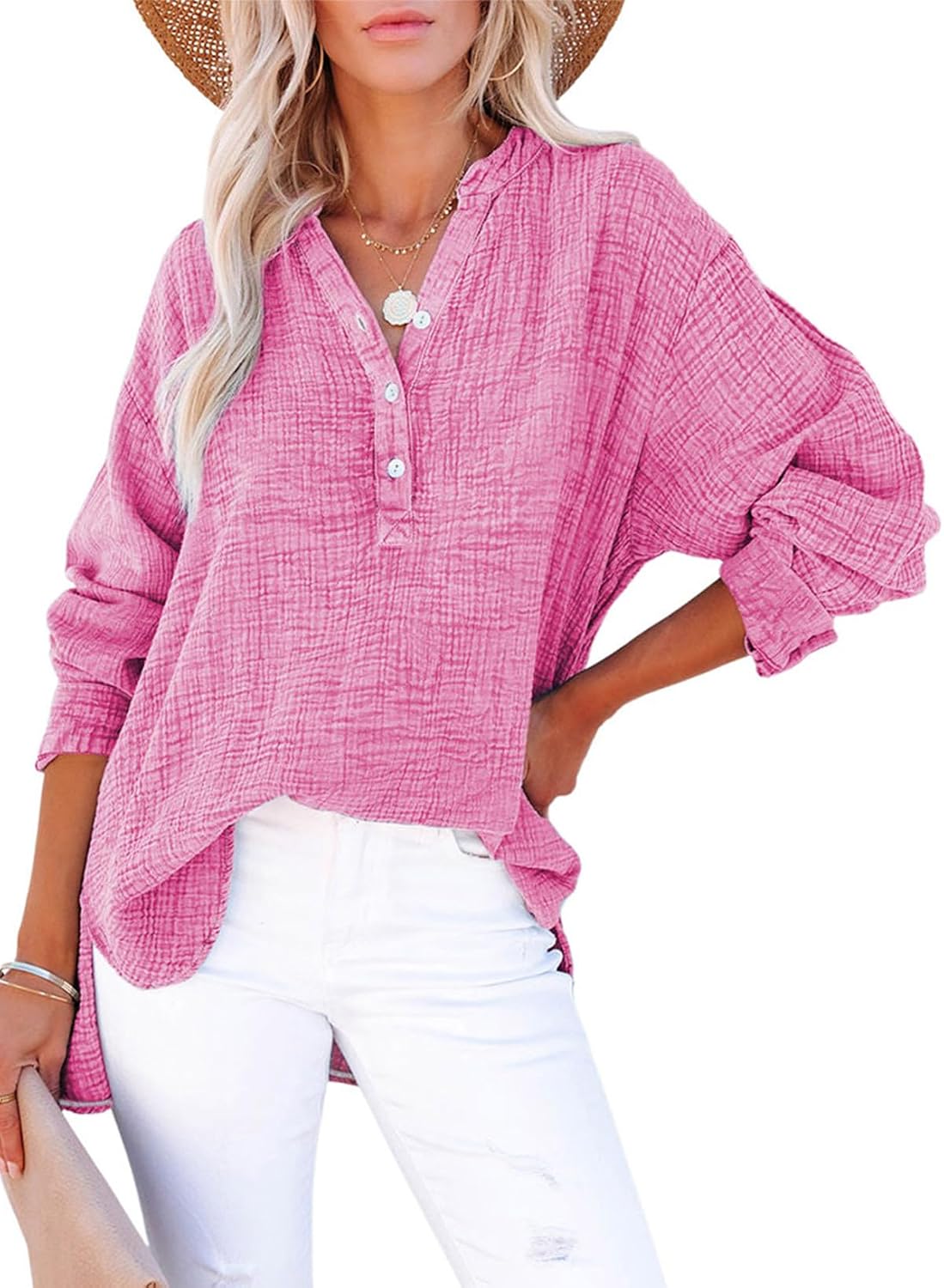 Dokotoo Womens Casual Button V Neck Long Sleeve Shirts Oversized Solid Blouses Tops