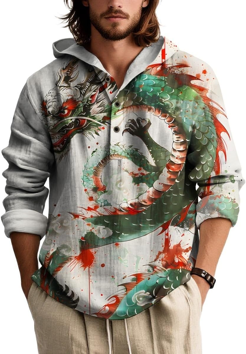 ZOCANIA Dragon Print Button Up Long Sleeve Shirts with Hood Men's Novelty Tshirt Breathable Boho Summer Casual Vacation Tops