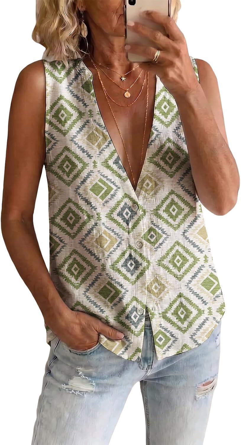 Womens Tank Top 2026 Casual Sleeveless Button Down Shirts Summer Trendy Graphic Western Aztec Tops V Neck Tanks