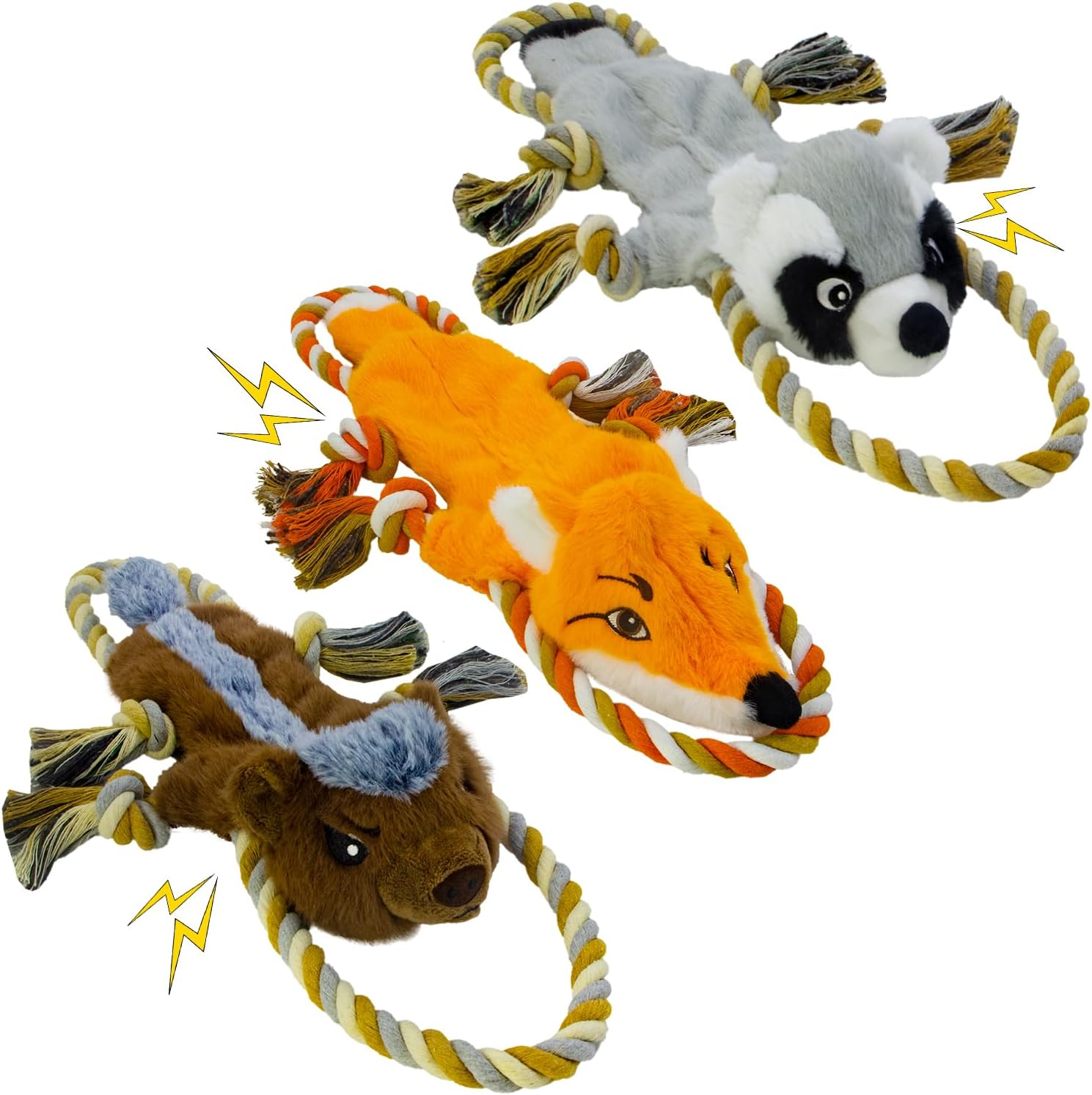 Dog Squeaky Toys, No Stuffing 3-Pack Toys, Rope to Keep Puppy Busy, Perfect for Tug of War Game, Animal Shapes Dog Toys Bundle for Large, Medium Puppies.(Raccon, Honeybadger, Fox)