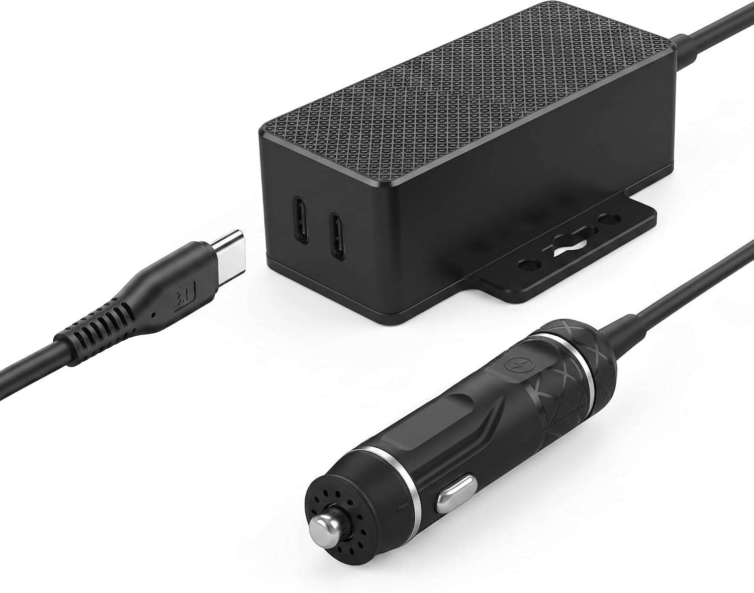 Coolgear 145W Dual USB-C Car Charger - PD 3.1 EPR Type C Vehicle Charger with 140W Laptop Charging, Mountable Flanges and 12V to 24V Plug for Trucks, Fleet Vans and Mobile Workstations