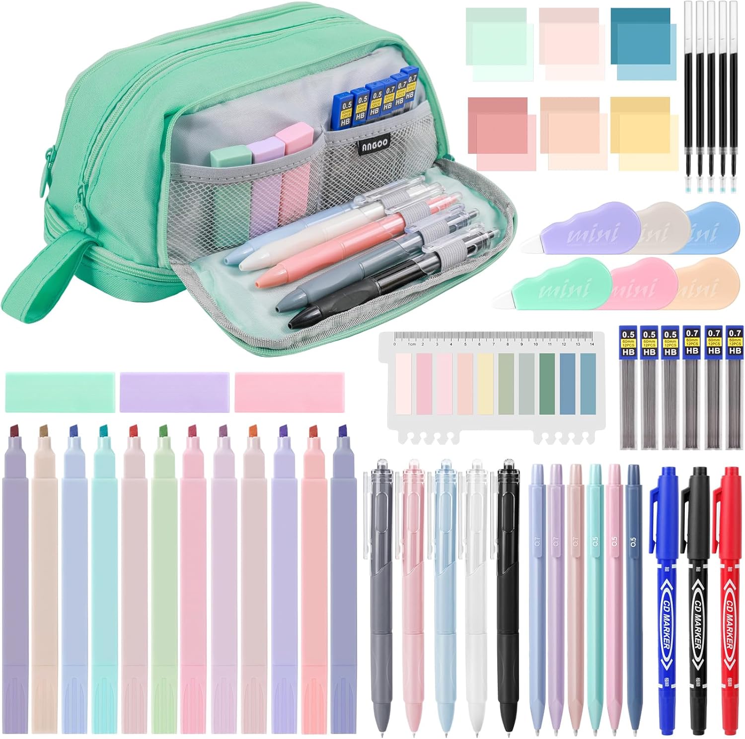 Mikiwon 54 PCS Back to School Supplies with Large Pen Case, Green | Mechanical Pencils & Gel Pens with Refills, Markers, Erasers, Highlighters, Sticky Notes, Correction Tapes, Stationery Set