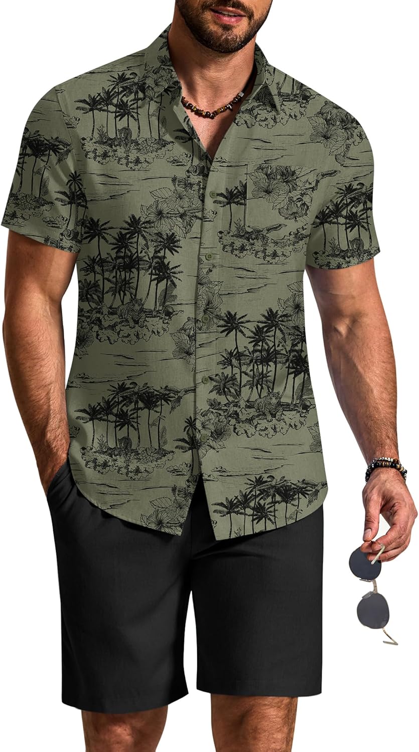 COOFANDY 2 Piece Set for Men Cruise Outfits Set Mens Summer Vacation Outfit Short Sleeve Button Down Shirts