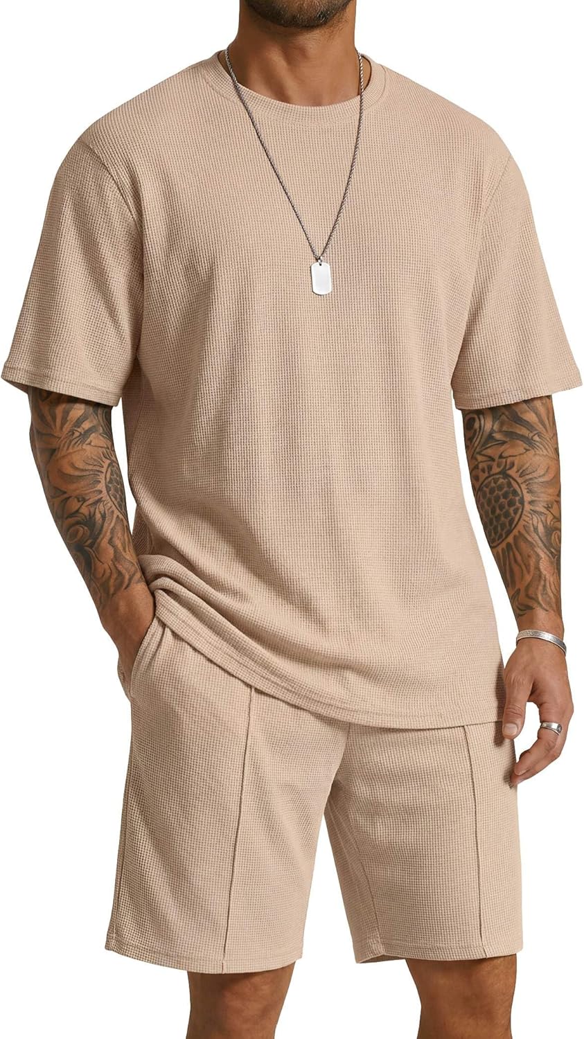 COOFANDY Mens 2 Pieces Outfits Casual Cotton T Shirt and Shorts Set Summer Short Sleeve Waffle Tracksuits