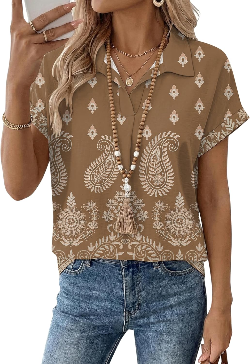 LOMON Women Blouses Spring Summer Tops for Women 2026 Short Sleeve V Neck Dressy Casual Collared Shirts Work Office
