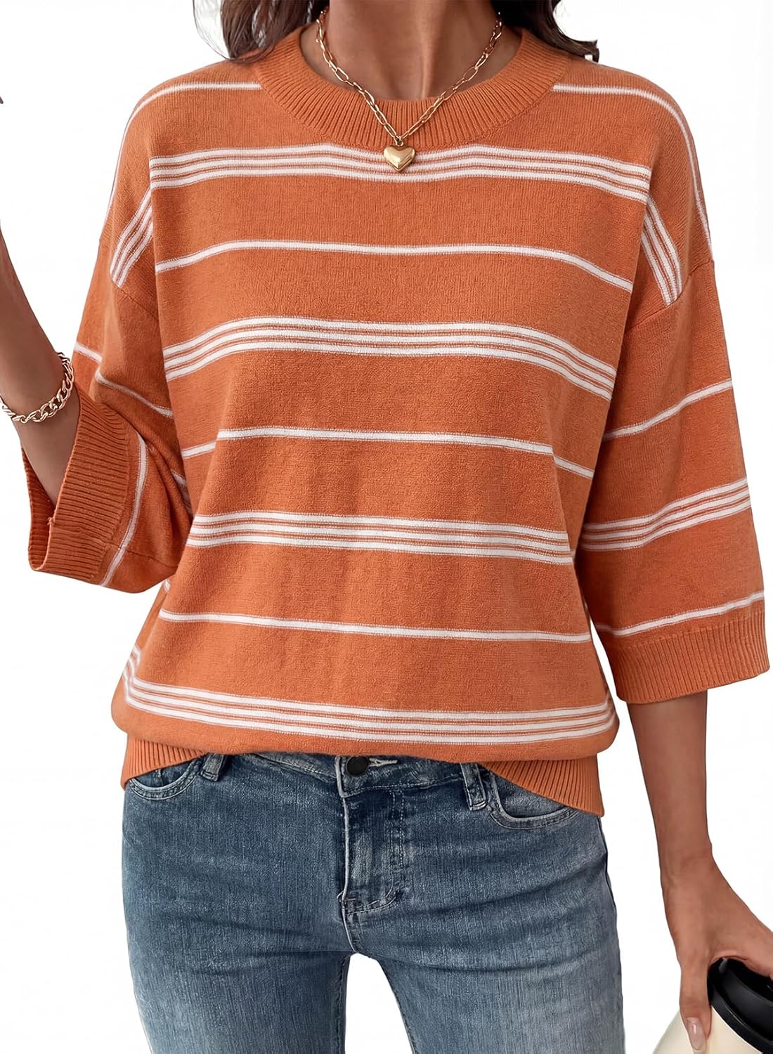 Dokotoo Womens Sweaters Summer Fall Oversized 3/4 Sleeve Striped Crewneck Casual Lightweight Knit Pullover Sweater Tops