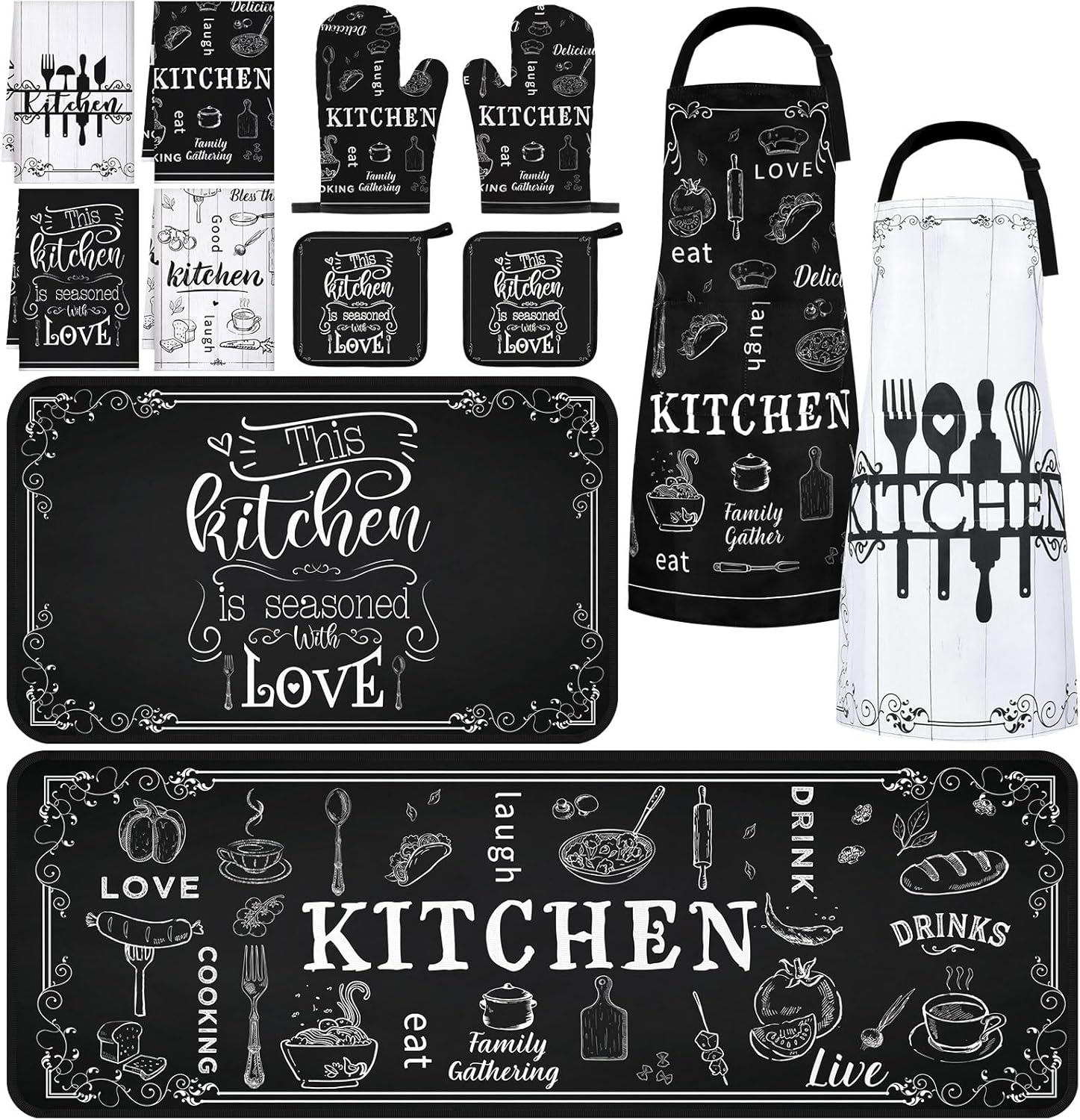 Fourluoo 12 Pcs Farmhouse Kitchen Decor Set Kitchen Towels Apron Oven Mitts Pot Holders Rugs for Housewarming Gift Cooking Baking BBQ