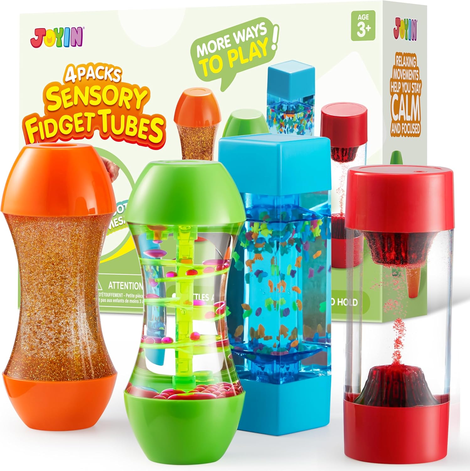 JOYIN 4-Pack Fidget Tubes for Kids, Sensory Tubes, Stress Relief Toy, Speech Therapy, Calming Toys for Children with Autism, Calm Down Corner Classroom Supplies, Back to School Gifts for Toddlers