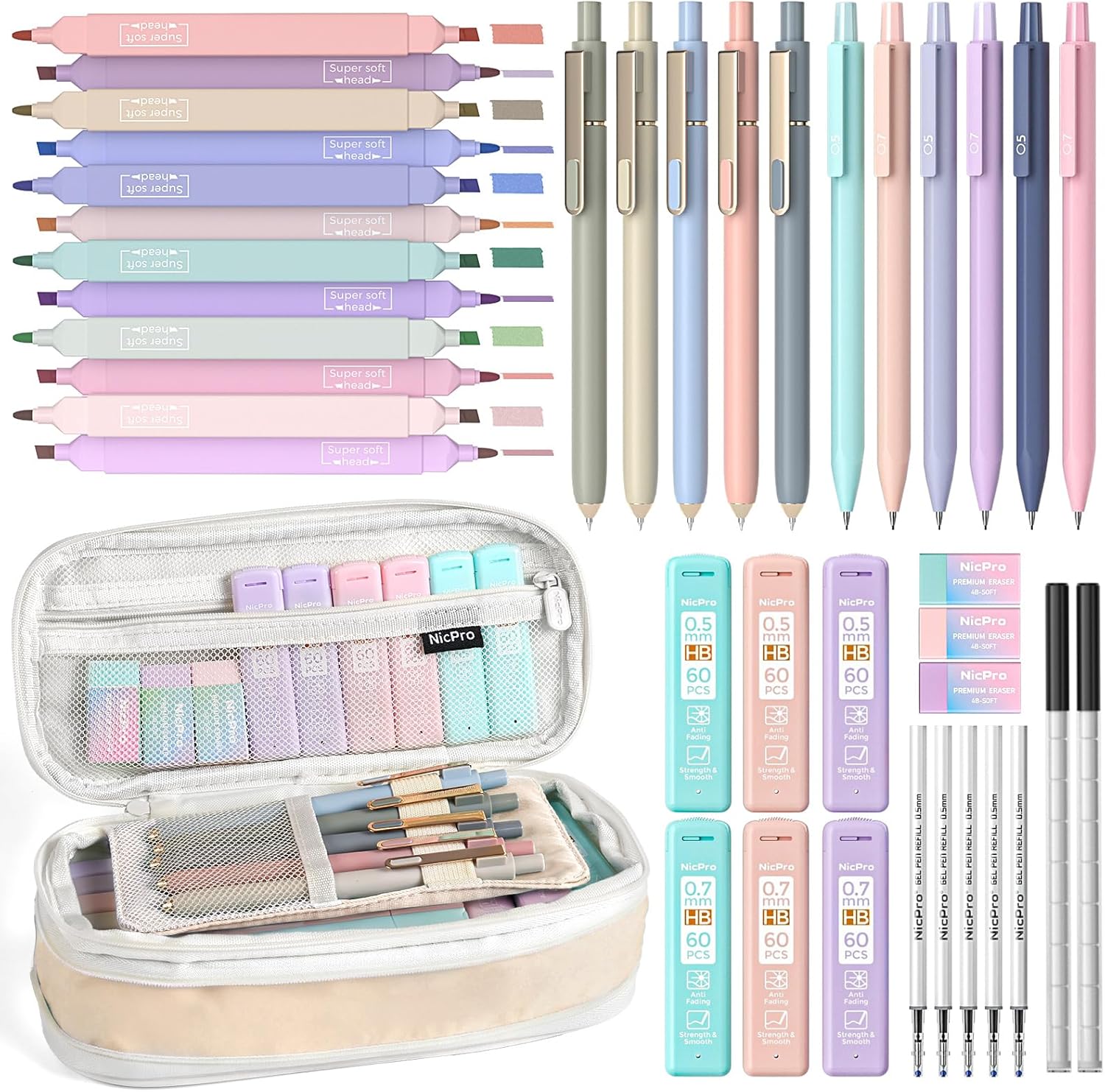 Nicpro School Supplies Stationary Set with Pencil Case, 39 PCS Cream | Back to Schoo Supplies, Pen Case with 12 Highlighter, 5 Gel Pen, 6 Mechanical Pencil, Essentials for College, Nursing Student