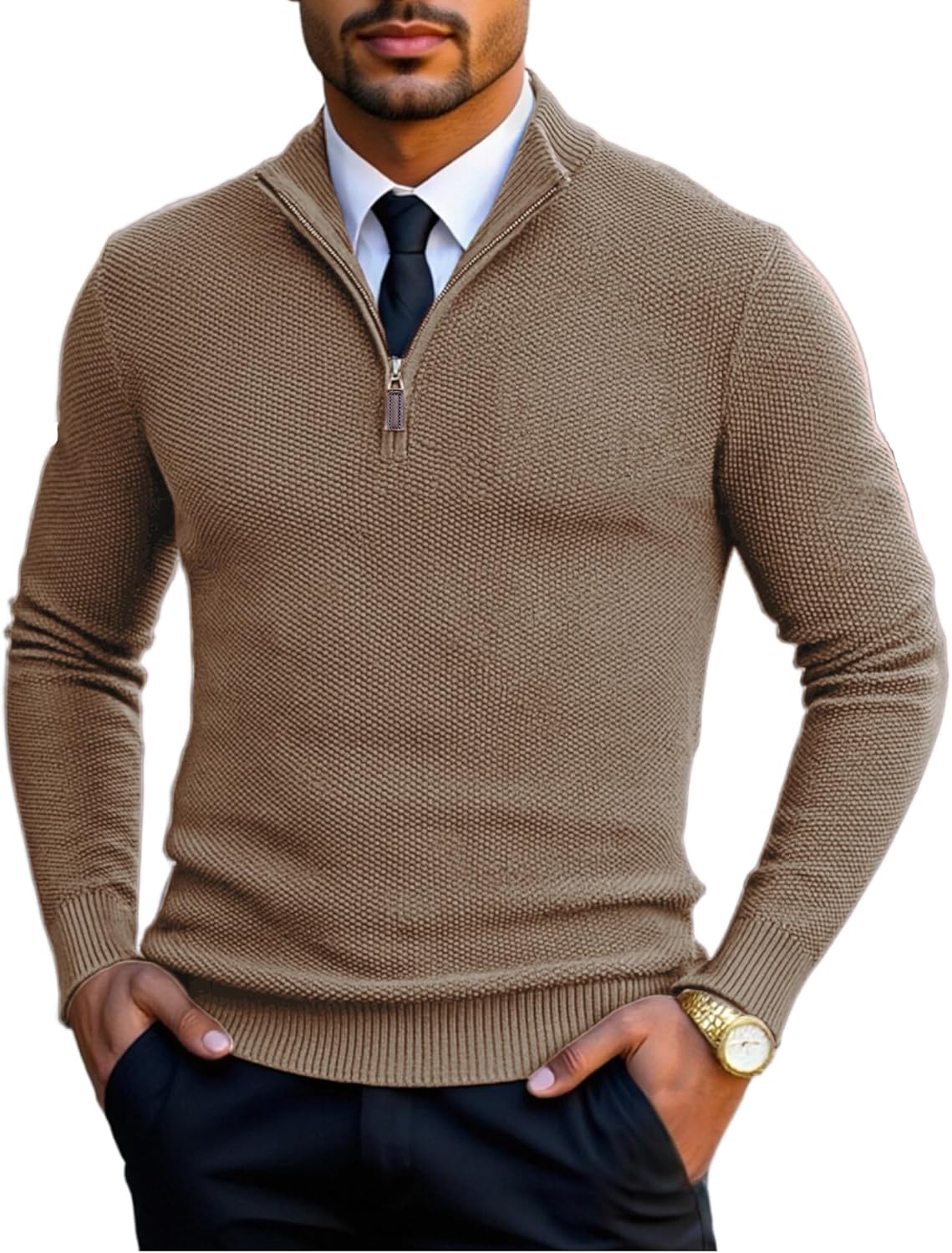 COOFANDY Men's Quarter Zip Pullover Sweater Slim Fit Knit Mock Neck Polo Sweaters