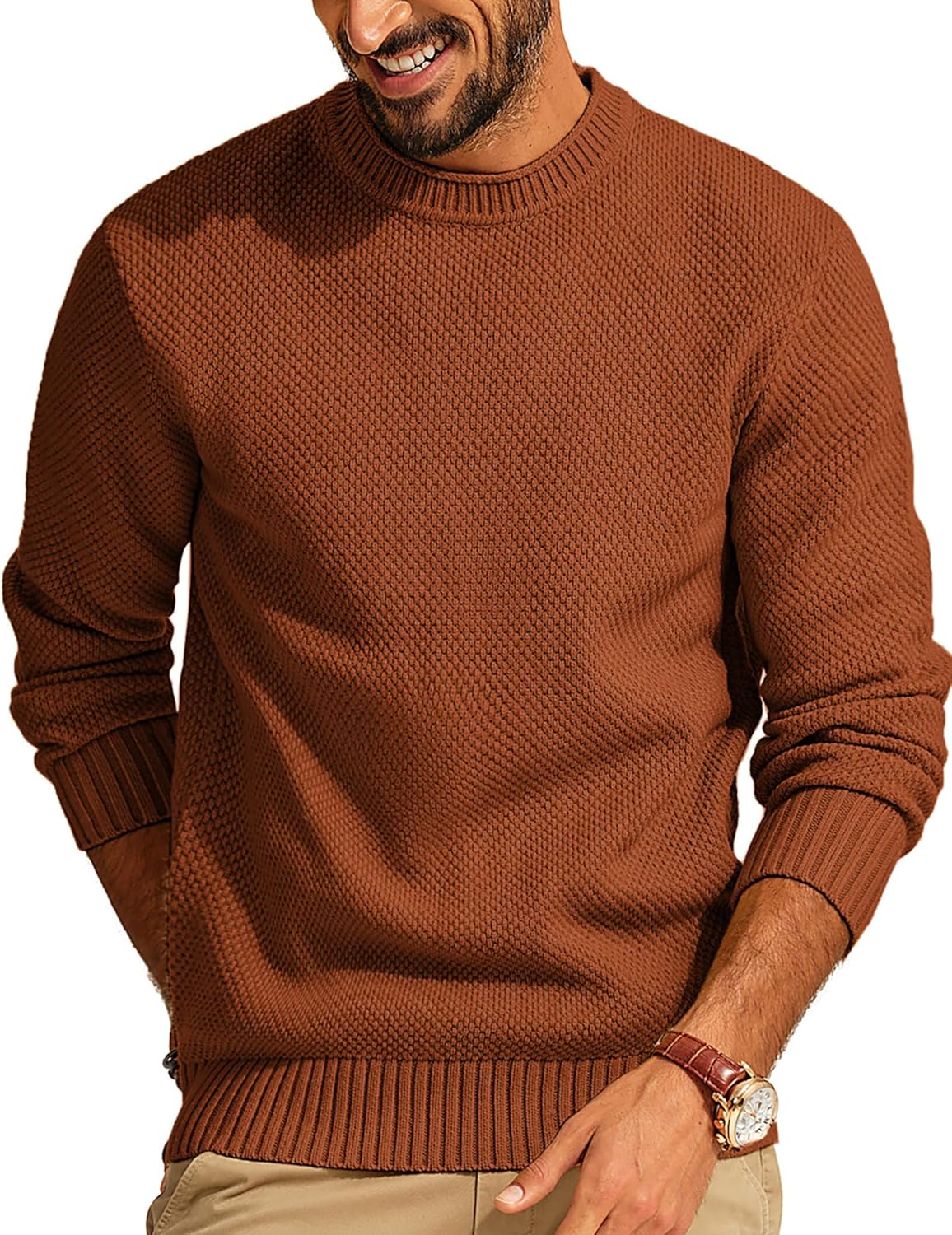 PJ PAUL JONES Mens Sweater Waffle Knit Crewneck Sweater Textured Long Sleeve Pullover