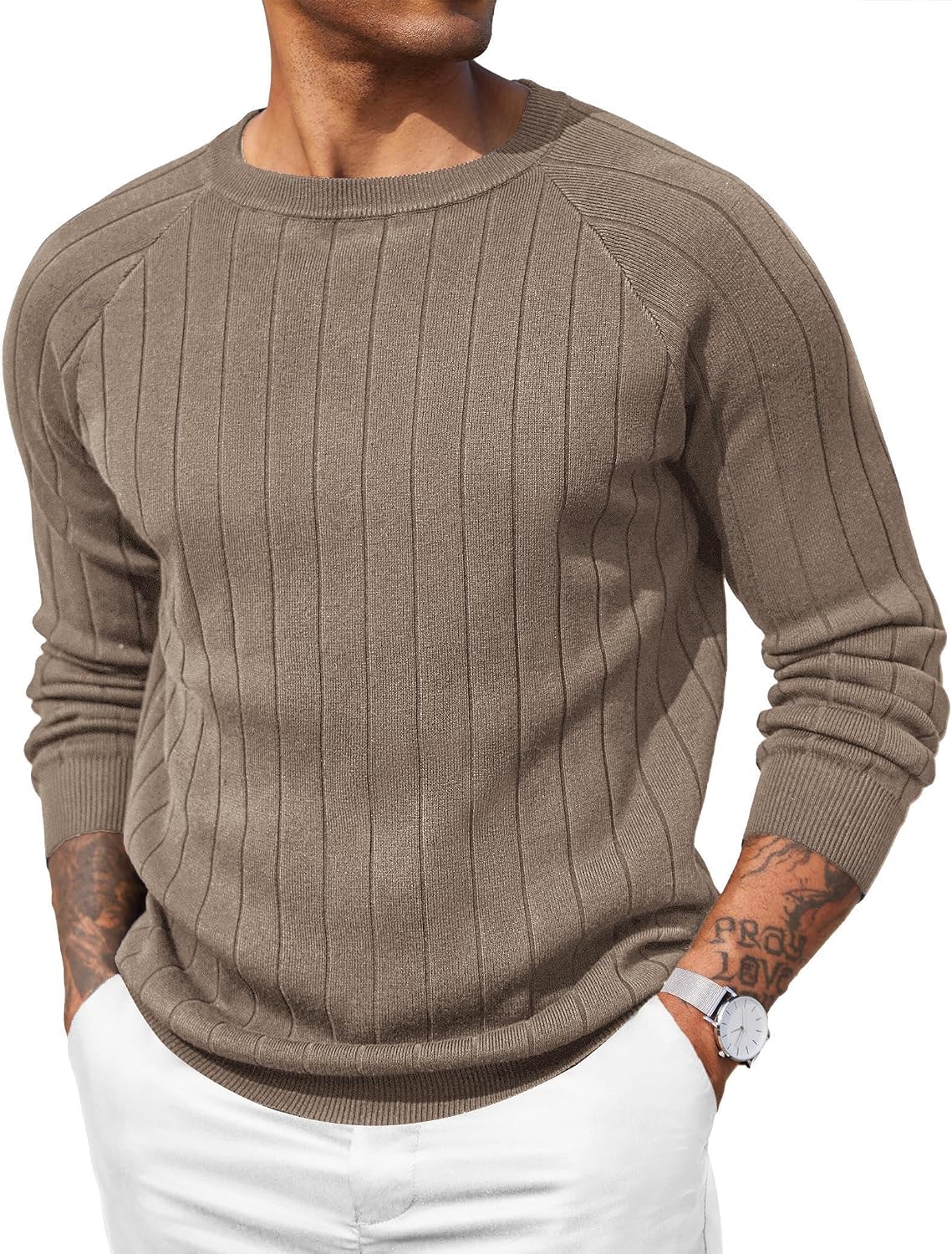 COOFANDY Mens Crewneck Pullover Sweaters Business Casual Long Sleeve Slim Fit Sweater Chunky Cable Knit Sweater