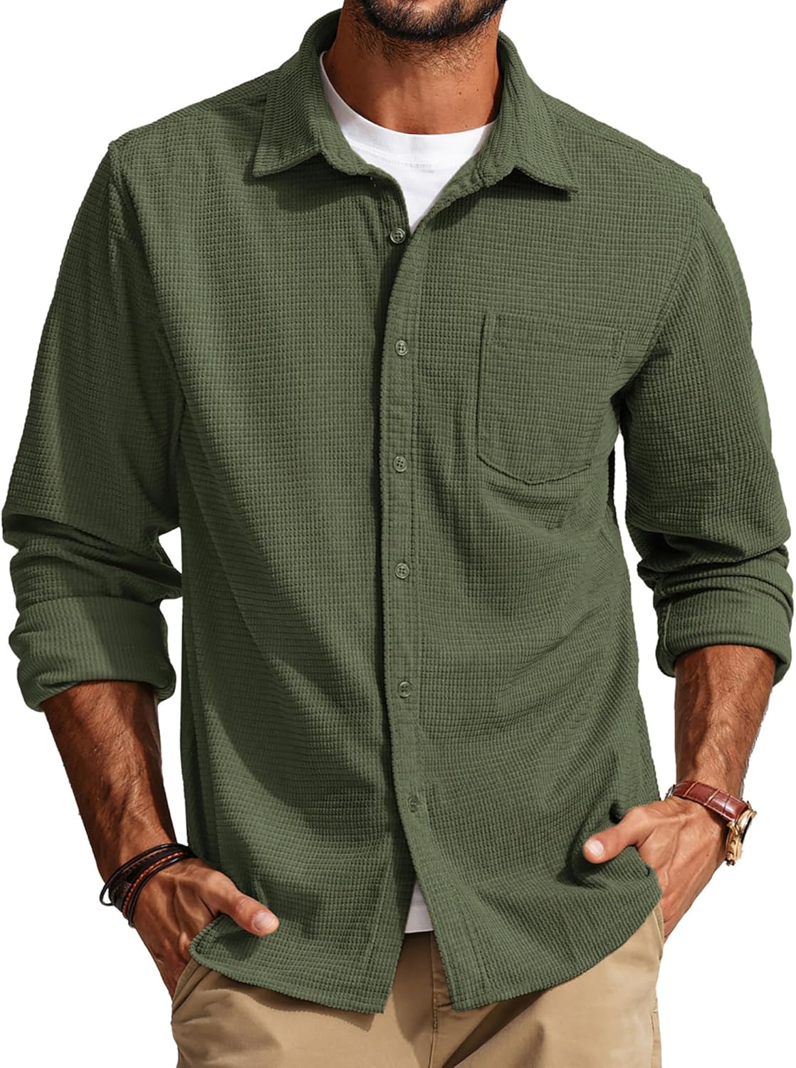 PJ PAUL JONES Men's Button Down Shirt Texture Wrinkle Free Shirts Long Sleeve Waffle Untucked Shirt