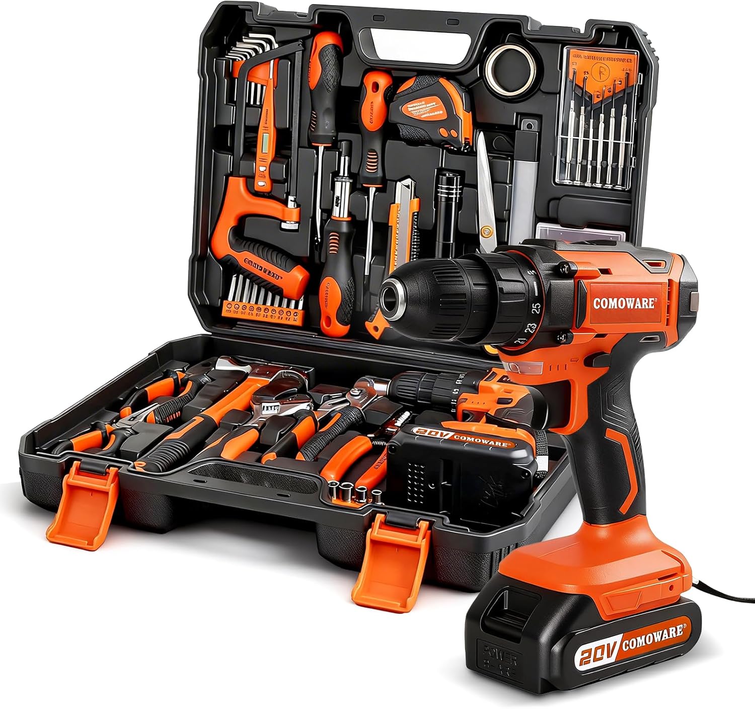 COMOWARE Household Tool Set with 20V Cordless Drill Driver, 120Pcs Hand Tool Kit for Men, Power Drill Set with Plastic Toolbox, Ideal for Office, Garden, DIY Project