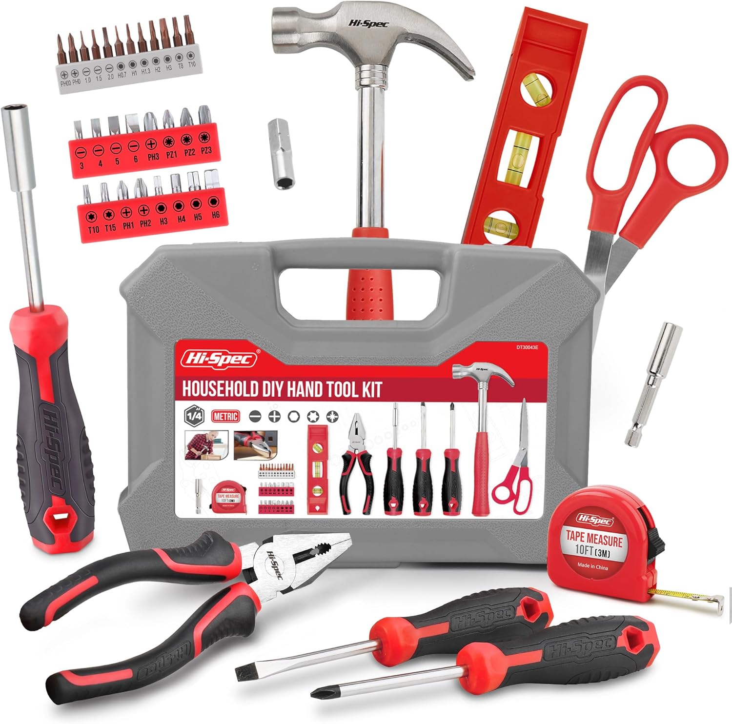 Hi-Spec Household Starter Tool Kit with Compact Carry Toolbox, Red | 38pc, everyday fixes made easier, organized portable storage, beginner-friendly selection, apartment and office tasks, tidy