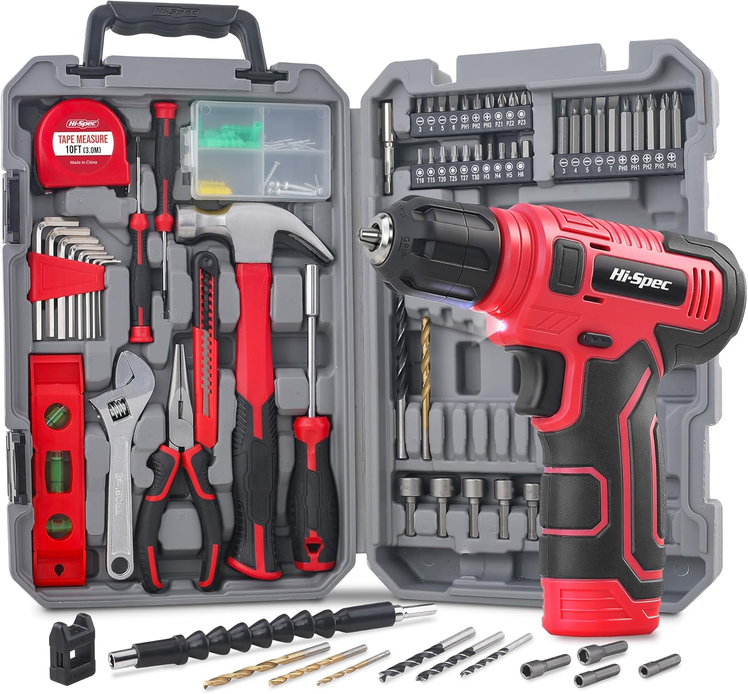 Hi-Spec Tool Set with 8V Cordless Drill Set Home Repair & Maintenance | Complete DIY Tool Kit, USB Rechargeable Electric Drill Driver, Women and Men Tool Kit, Home Repair & Maintenance, Compact
