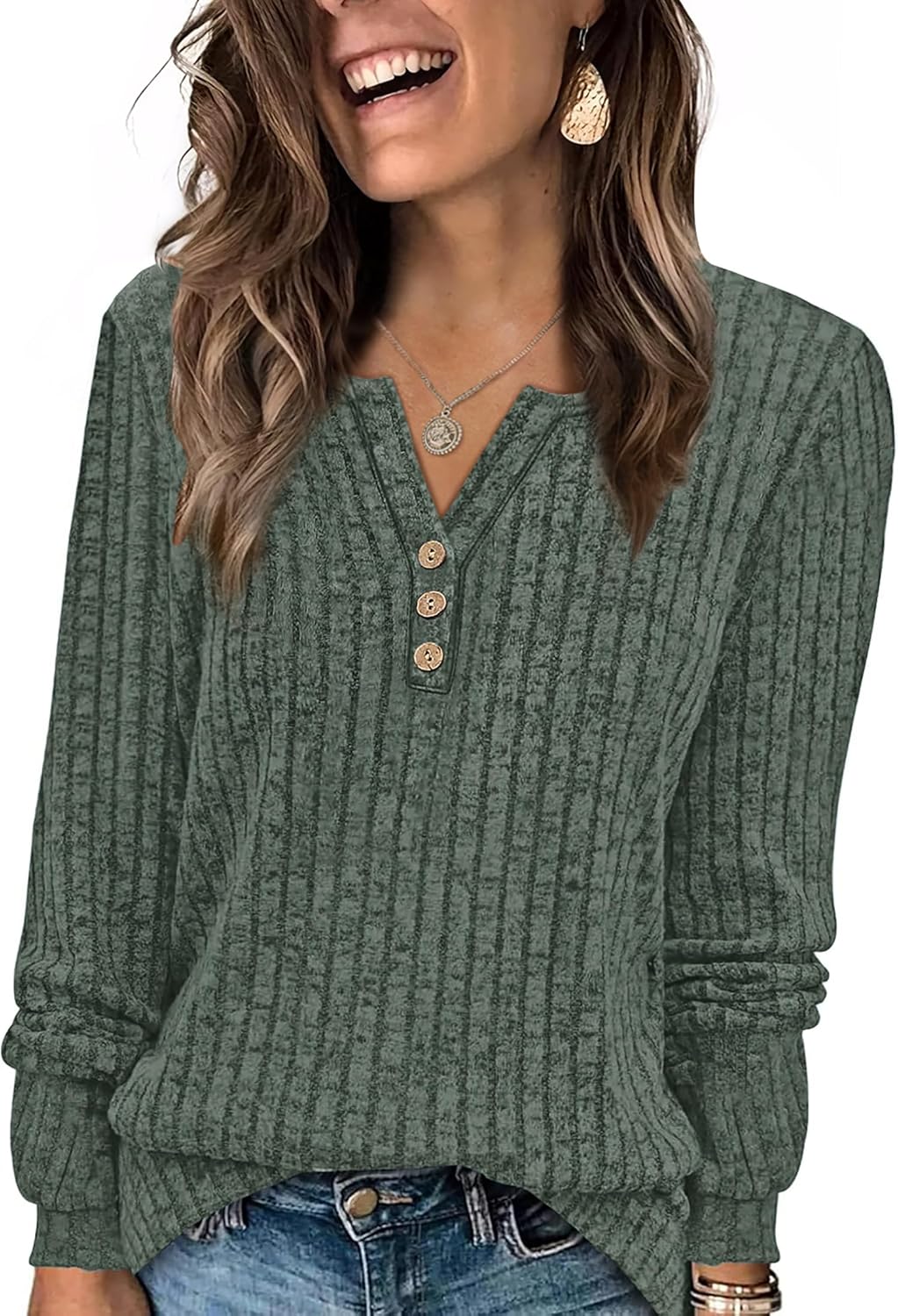 WIHOLL Sweaters for Women 2025 Long Sleeve Tops Fall Clothes Fashion Clothing V Neck Button Down Winter Thermal Shirts