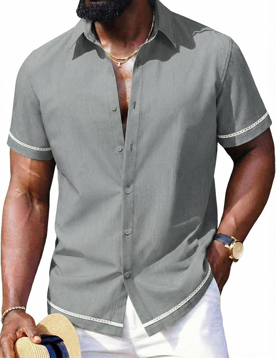 COOFANDY Mens Button Down Short Sleeve Linen Shirt Casual Summer Beach Vacation Shirts