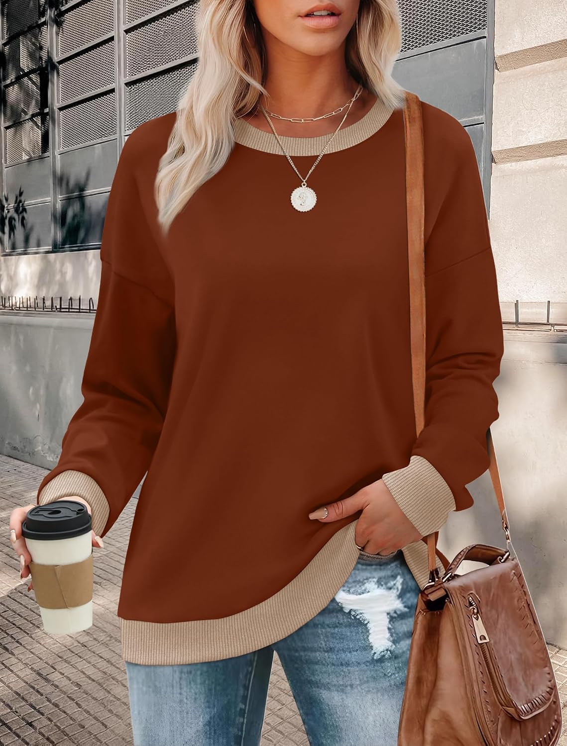 Sweatshirts for Women Crewneck Long Sleeve Loose Fit Tops Color Block Ribbed Trim Fashion 2025