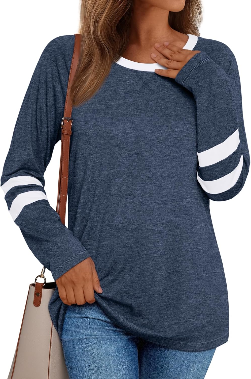 AUTOMET Womens Color Block Long Sleeve Shirts Oversized Crewneck Casual Top | Soft Breathable Patchwork Tees, Plus Size Layering Basics, Fall Winter Clothing