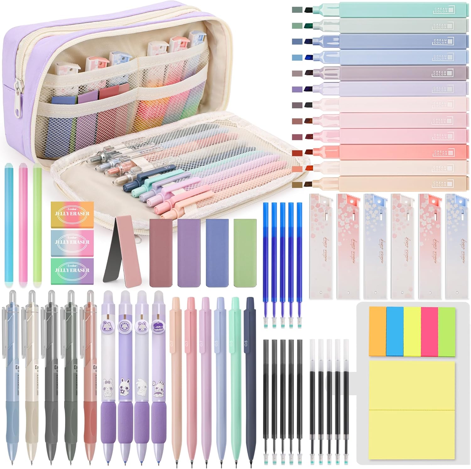 DazSpirit 61 PCS Aesthetic School Supplies Set with Cute Pencil Case, Pastel No Bleed Highlighters, Gel Pens, Erasable Pens, Mechanical Pencils, Refills, Sticky Notes, Complete Stationery Kit