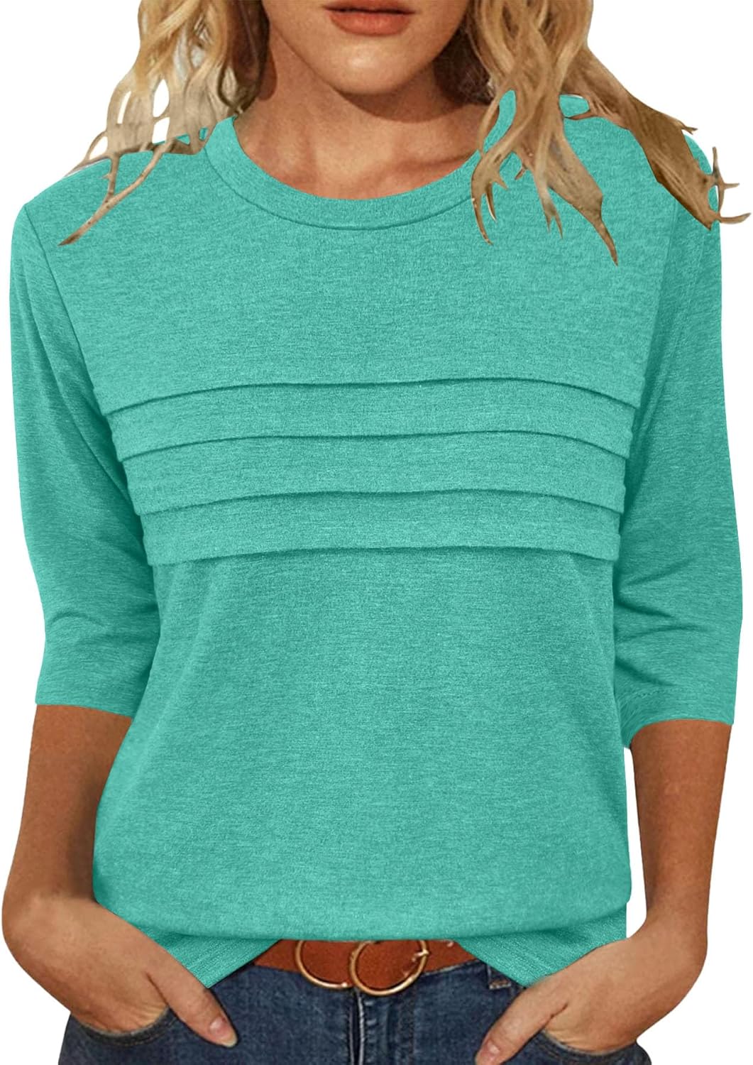 JomeDesign 3/4 Length Sleeve Womens Tops Round Neck Casual Tunic Tops Pleated Shirts Dressy