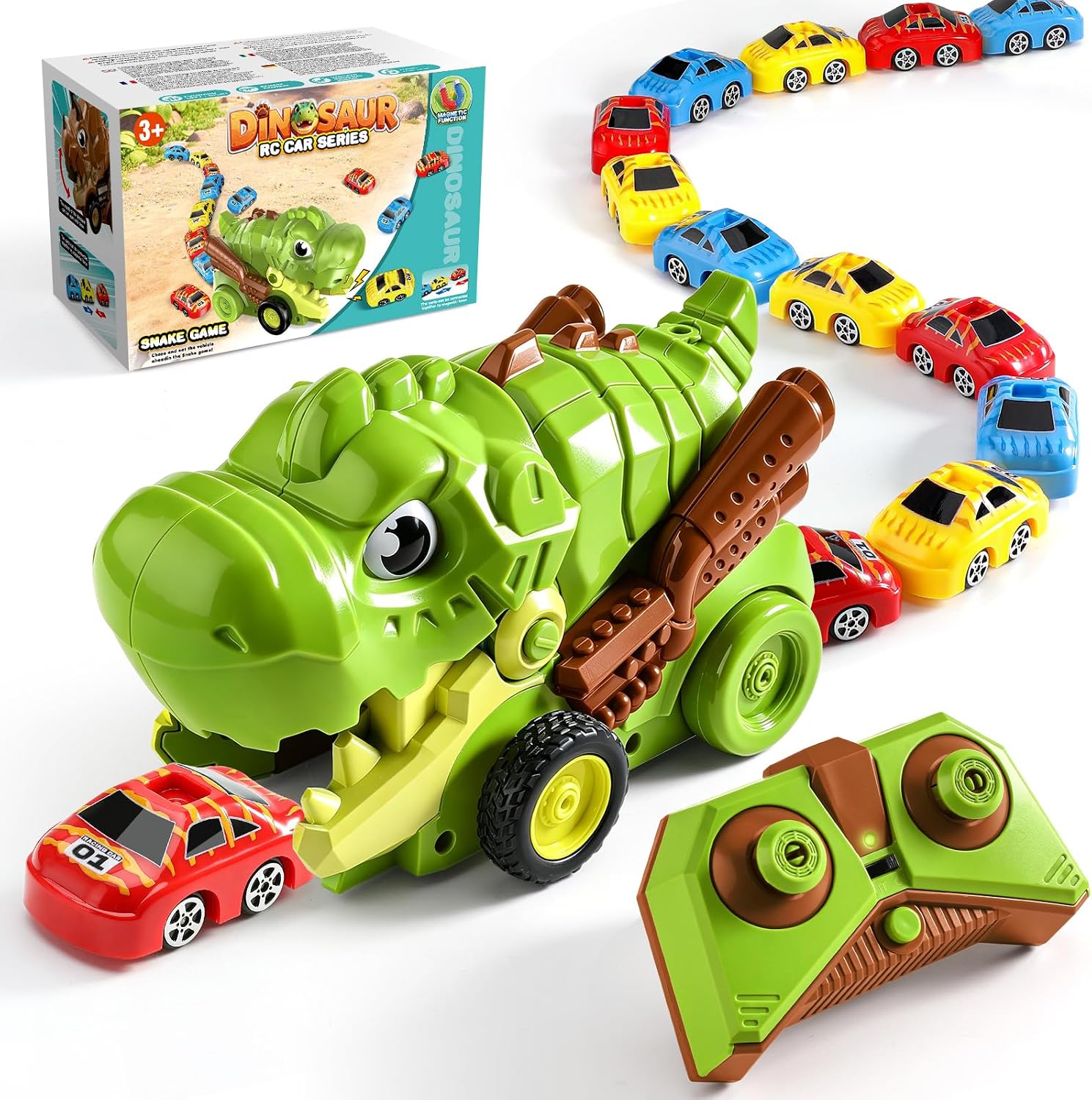 Remote Control Dinosaur Truck Toy Eat Magnetic Cars for Kids 3-7 | Tyrannosaurus, 9 Mini Cars, 2 Speed, 2.4G Rechargeable, Birthday Holiday Gift for RC Dino Truck Toy Lover
