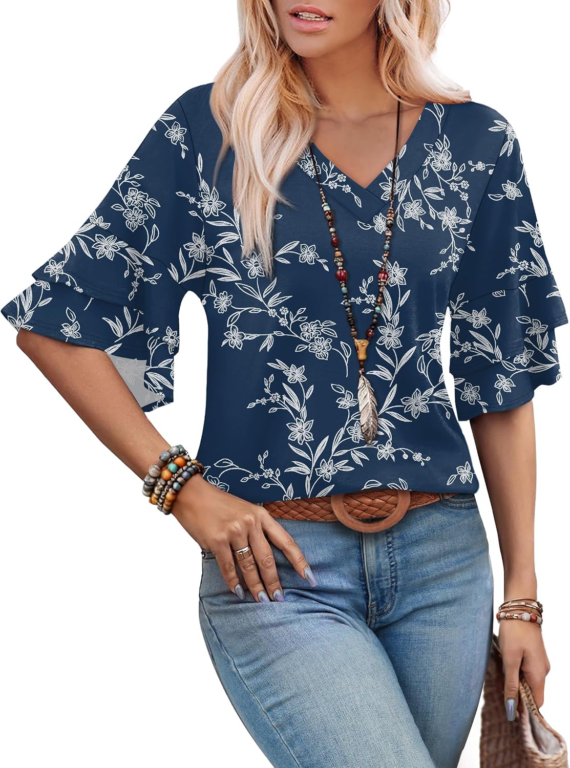 OFEEFAN Spring Tops for Women Boho Shirts Fashion Clothing Cute 3/4 Length Sleeve Blouses Dressy Casual Summer Outfits