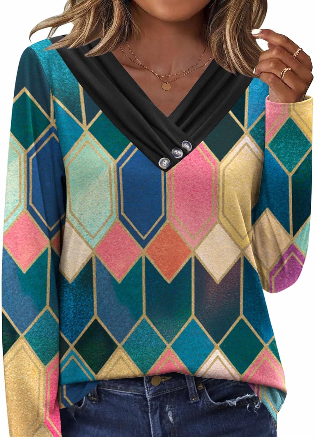 HOTOUCH Womens Fall Tunics Long Sleeve Tops Cross V Neck Shirts Loose Casual Blouses with Decor Button