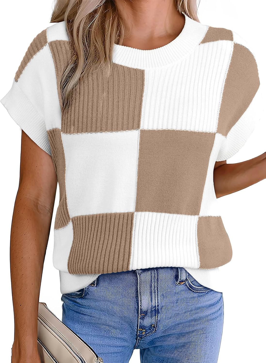 EVALESS Short Sleeve Sweater for Women Crewneck Color Block Knit Tops 2026 Summer Trendy Cap Sleeve Sweater Vest