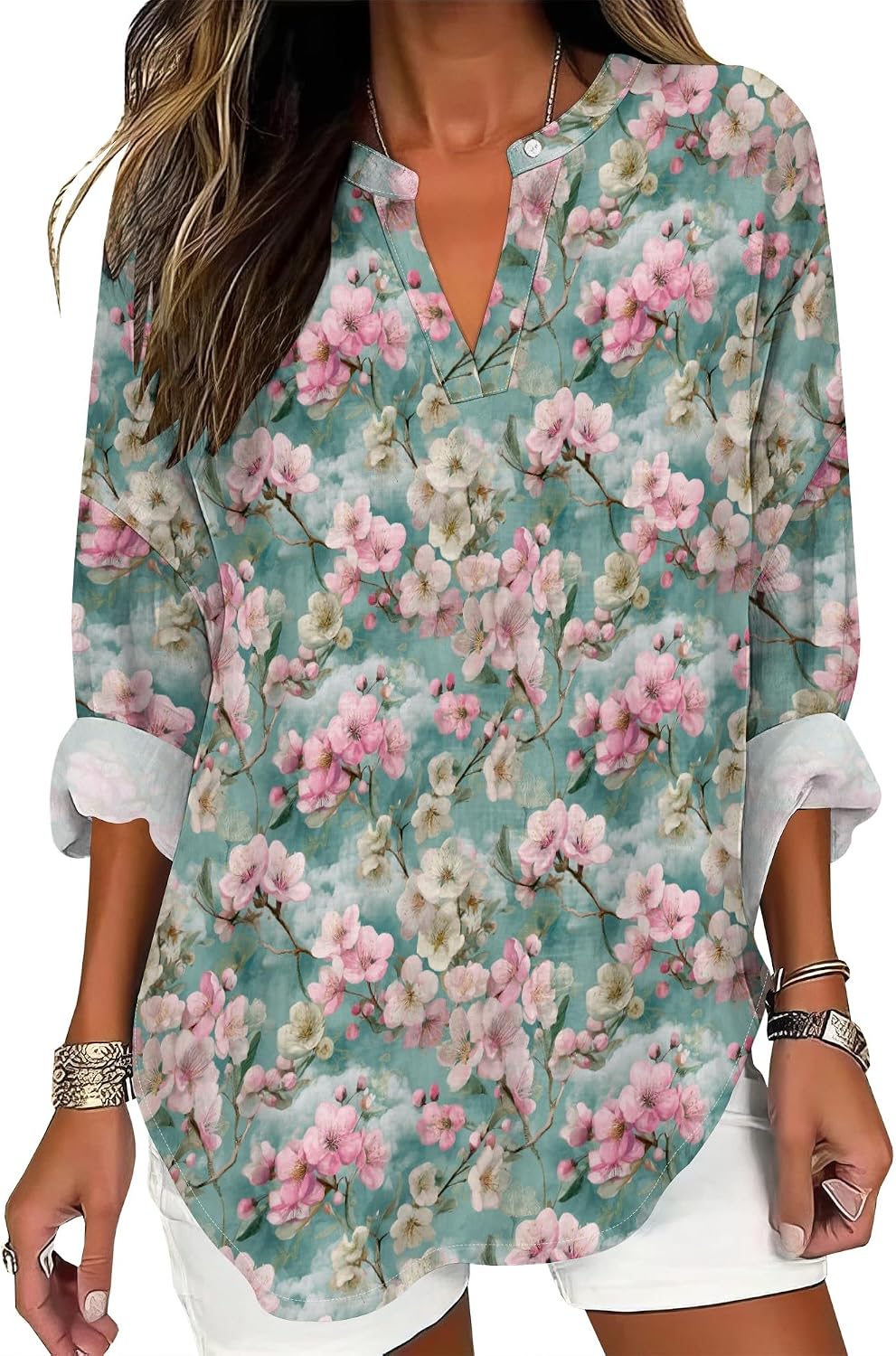 V Neck Long Length Sleeve Boho Top for Women Floral Print Sleeve 2025 Summer Fall T Shirts Loose Casual Work Blouse