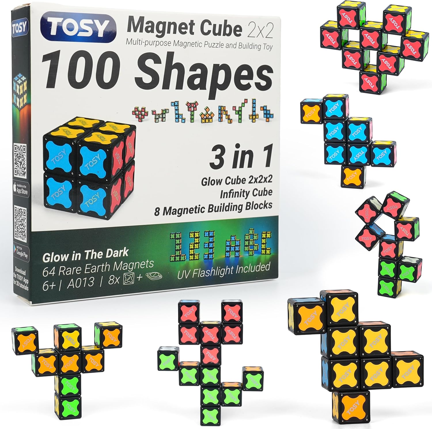 TOSY Magnet Cube 2x2 - 8 Blocks, 2 in 1 Toy: 2x2x2 Puzzle Cube and Customizable Infinity Cube, Glowing, UV Flashlight, Fidget/Sensory/STEM/STEAM Magnet Tiles Birthday Gift for Kids/Teens/Adults