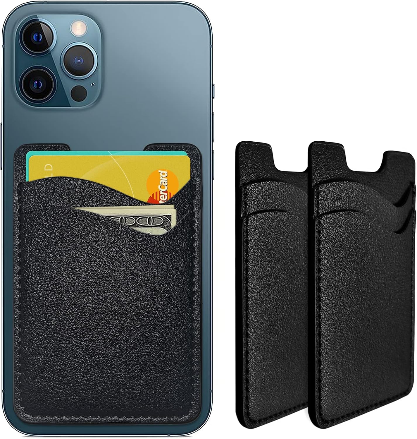 Puxnoin Phone Card Holder, Leather Phone Wallet Stick On, Card Holder for Back of Phone Credit Card Holder for Phone Case Compatible with Most of Cell Phone (iPhone, Samsung) - 2Pack Black