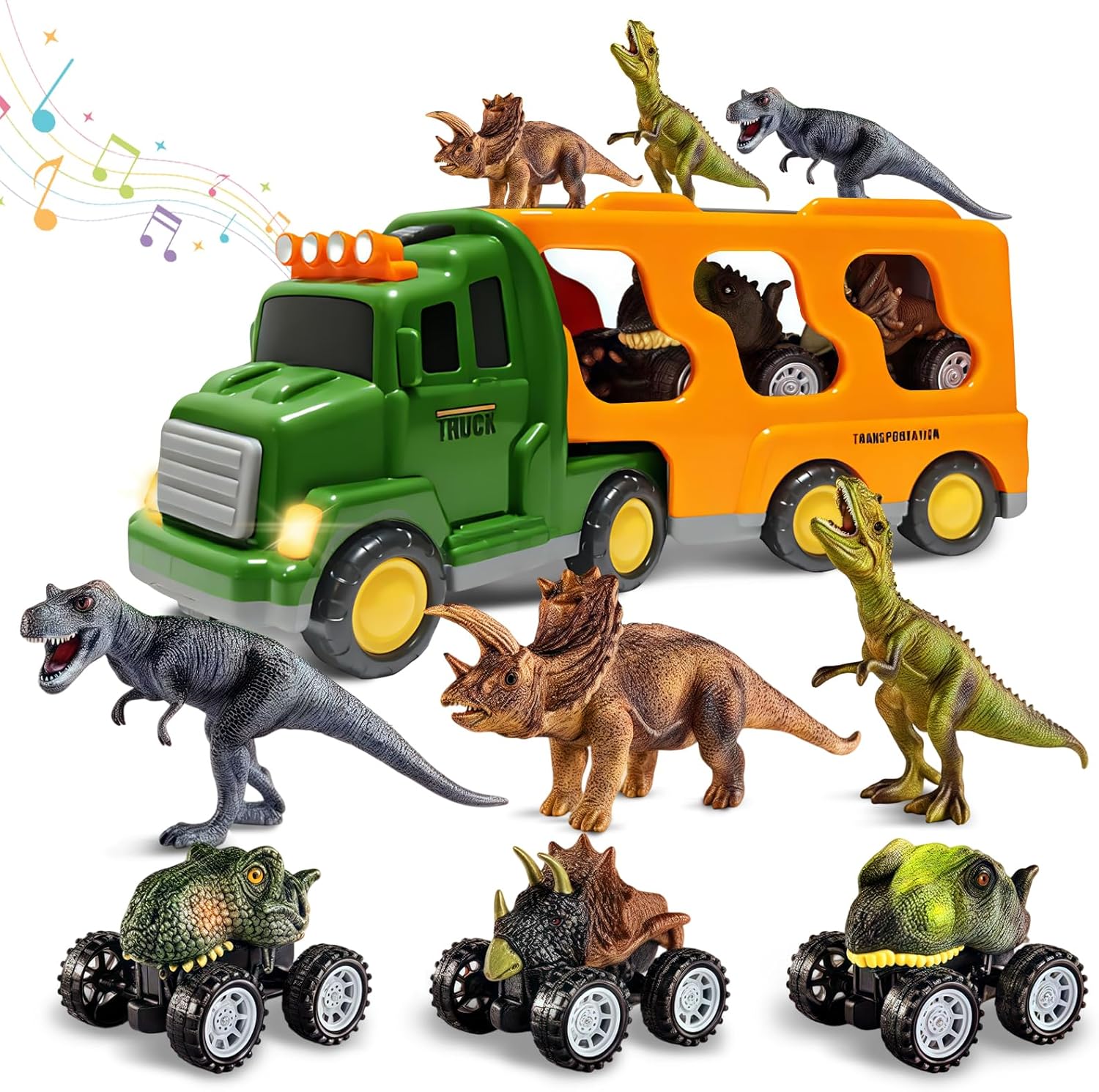 Toy Trucks with Dino Cars & Figures, Dinosaur Toys for Kids 3-5 5-7 | Sound Light Transport Carrier Truck with Dinosaur Car Toys, Toddler Boy Toys for 3-7 Year Old, Dino Christmas Birthday Gift