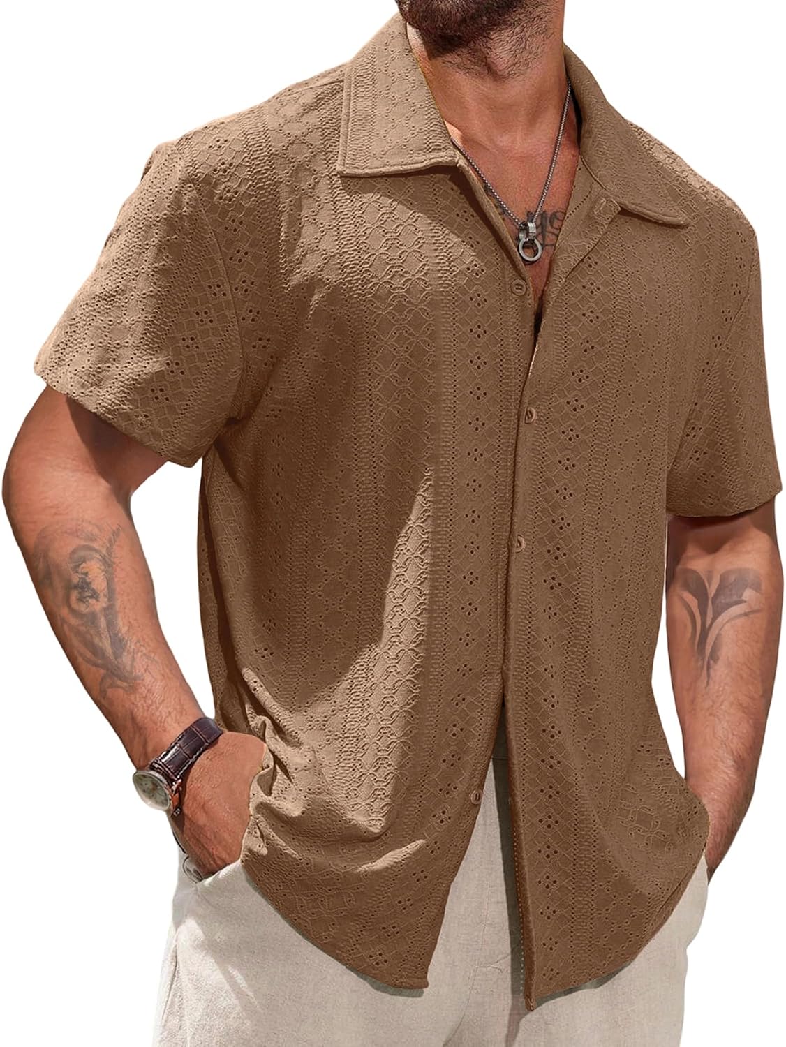Vssjavun Men's Short Sleeve Button Down Shirts Lightweight Hollow Texture Summer Beach Vacation Shirt