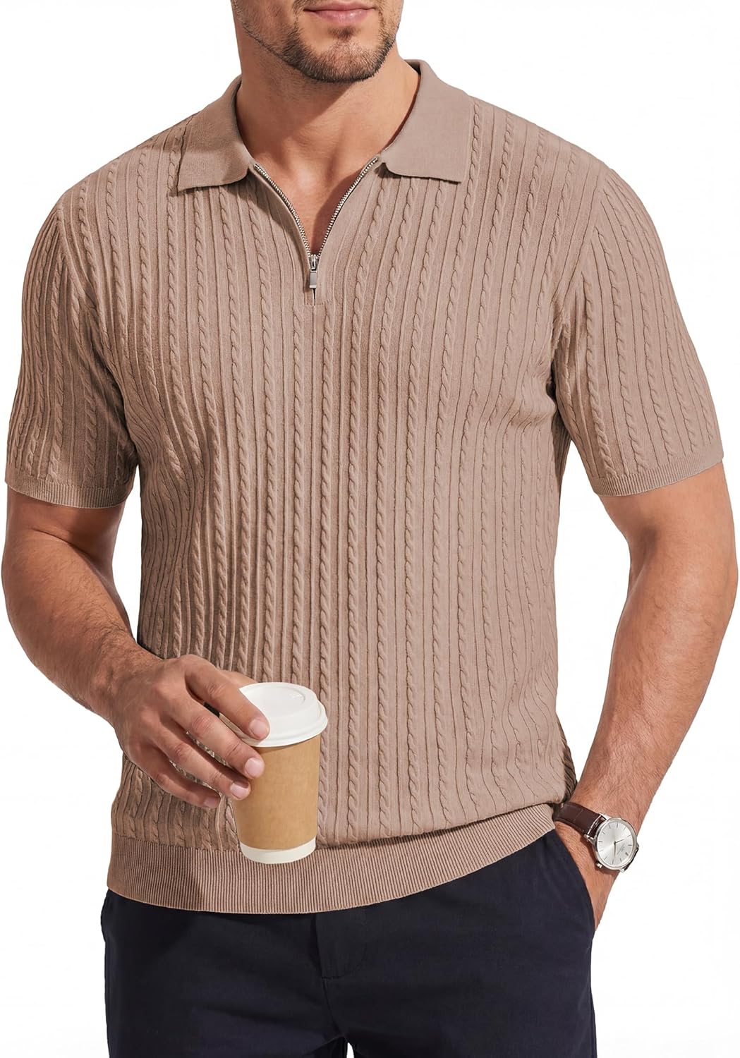 JMIERR Mens Quarter Zip Polo Shirts Summer Knit Textured Casual Short Sleeve Shirt Vacation Lightweight Golf Tops