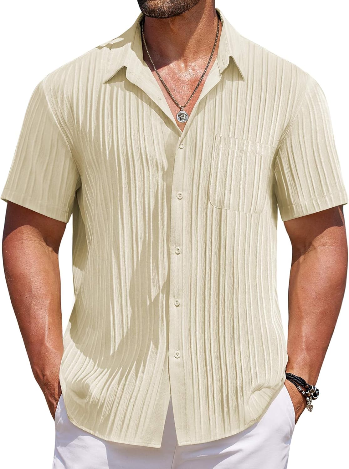 COOFANDY Mens Casual Button Down Shirts Short Sleeve Textured Shirt Summer Beach Shirts for Men