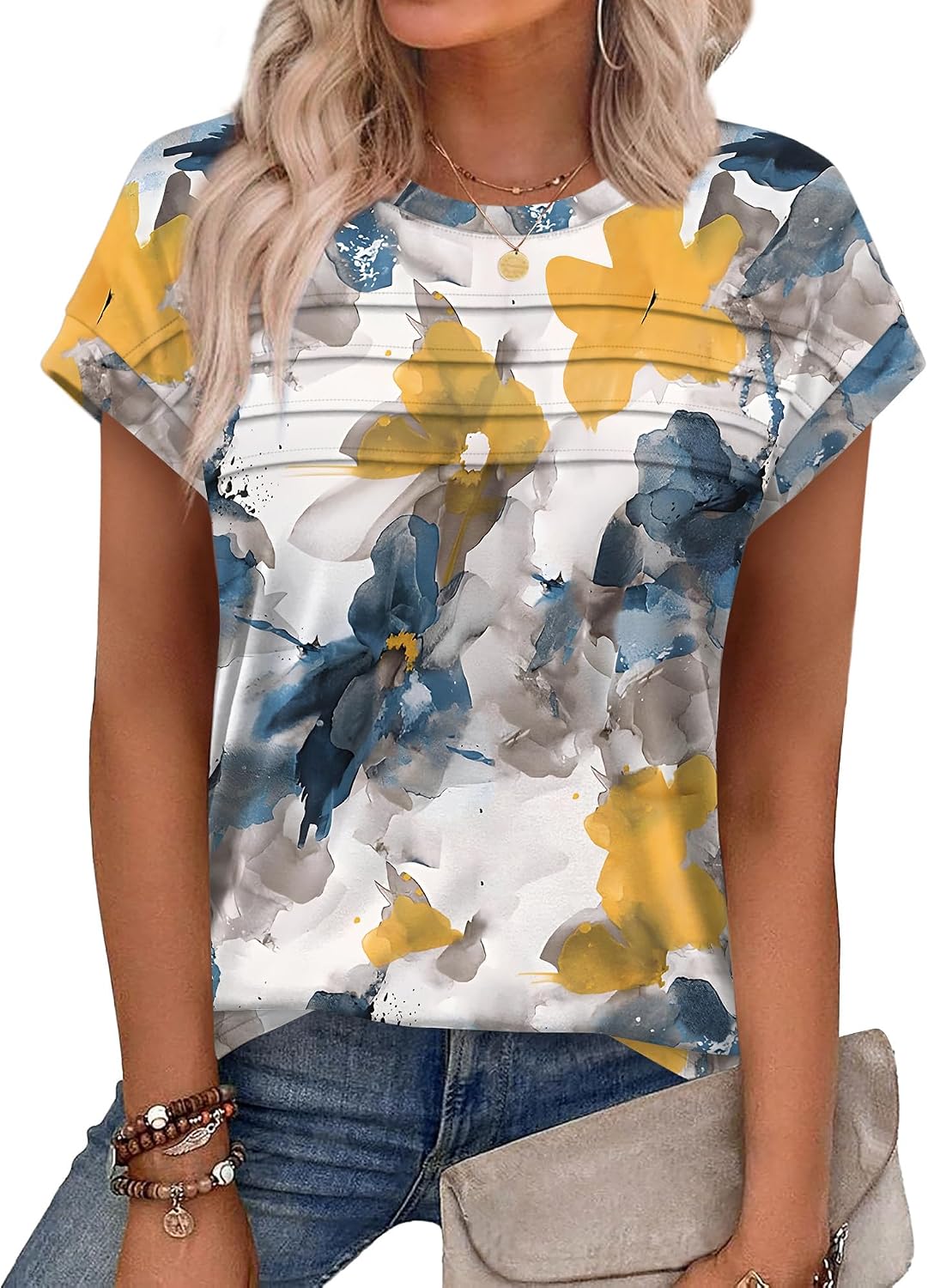 WEESO Womens Summer Tops Trendy 2026 Cap Sleeve T Shirts Crew Neck Pleated Front Beach Vacation Clothes Fashion