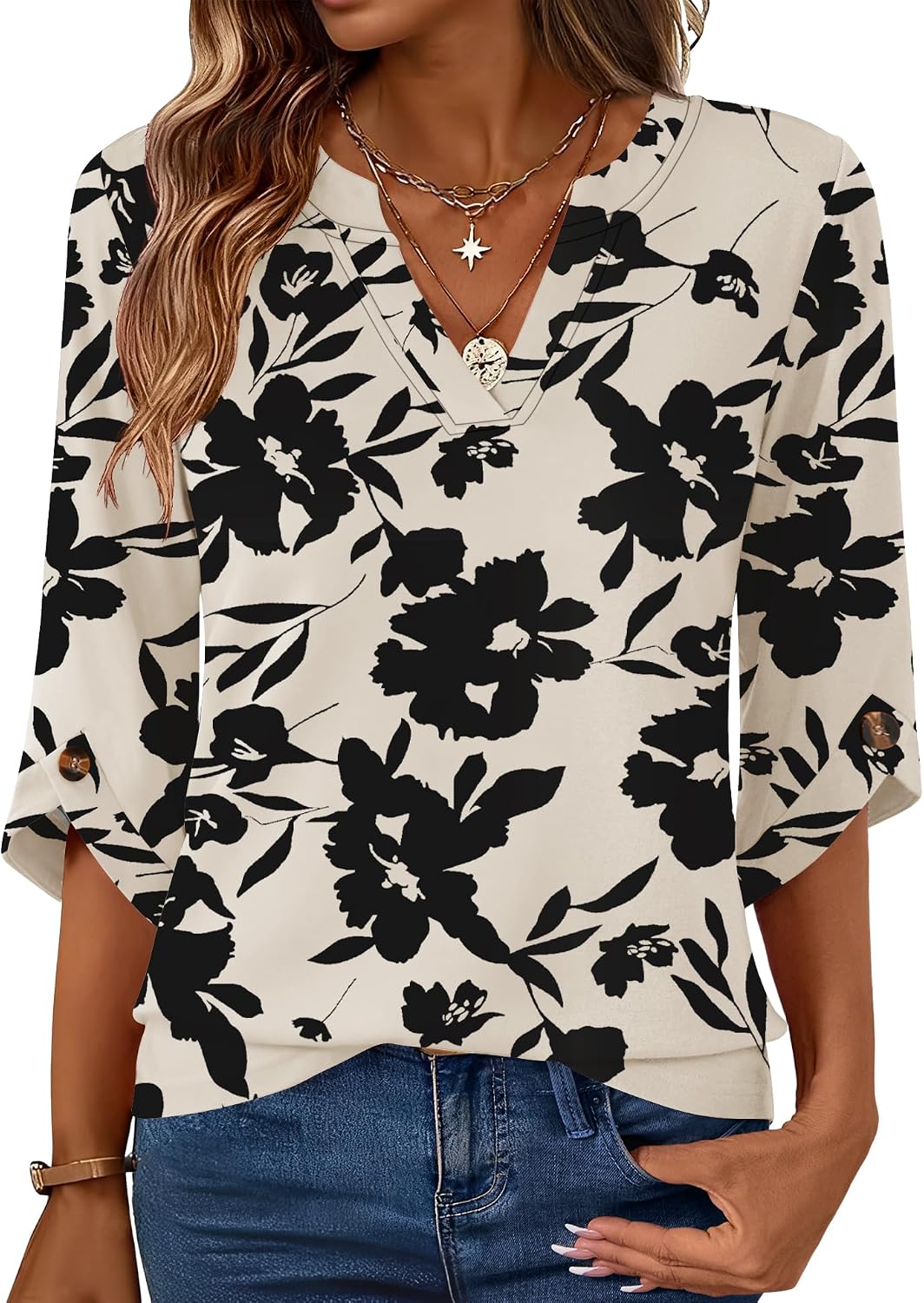 Kistore Womens 3/4 Length Sleeve Tunic Tops Dressy Casual V Neck Shirts Trendy Flowy Tees