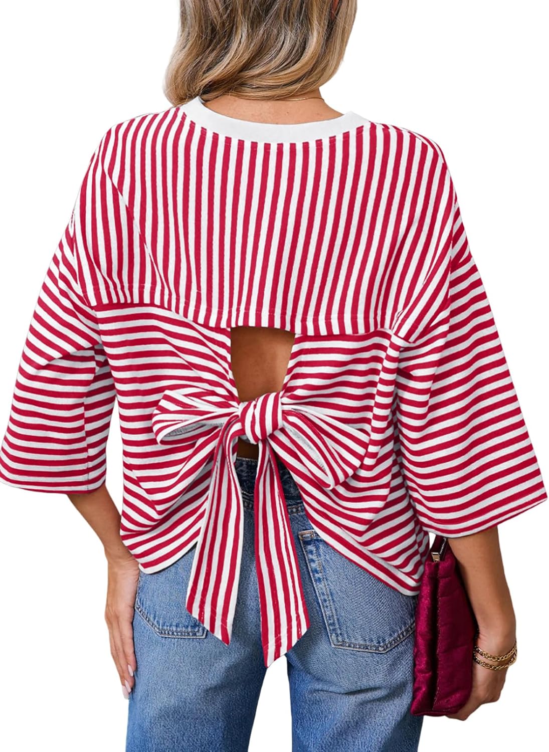 Dokotoo Womens Tops 2026 Striped Tie Back Short Sleeve T Shirts Crewneck Casual Loose Basic Tee Summer Outfits