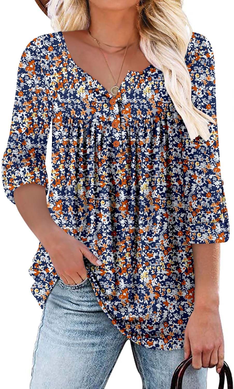 ROSELINLIN Womens Long Sleeve Tunic Tops Floral Fall Blouse Shirts